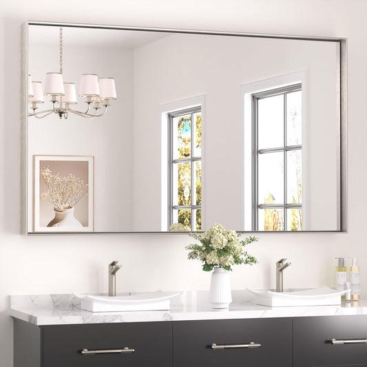 Keonjinn 60 x 36 in Brushed Nickel Bathroom Mirror, Rectangular Metal Framed Wall Vanity Mirror for Over Sink Square Corner Aluminum Alloy Modern Decorative Rectangle Mirror(Horizontal/Vertical)