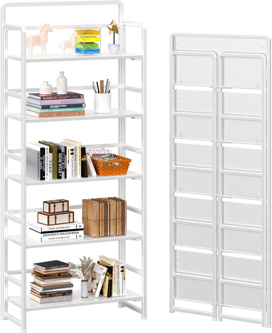 4NM No-Assembly 5 Tiers Folding Bookshelf Storage Shelves Vintage Bookcase Standing Racks Study Organizer Home Office (All White)