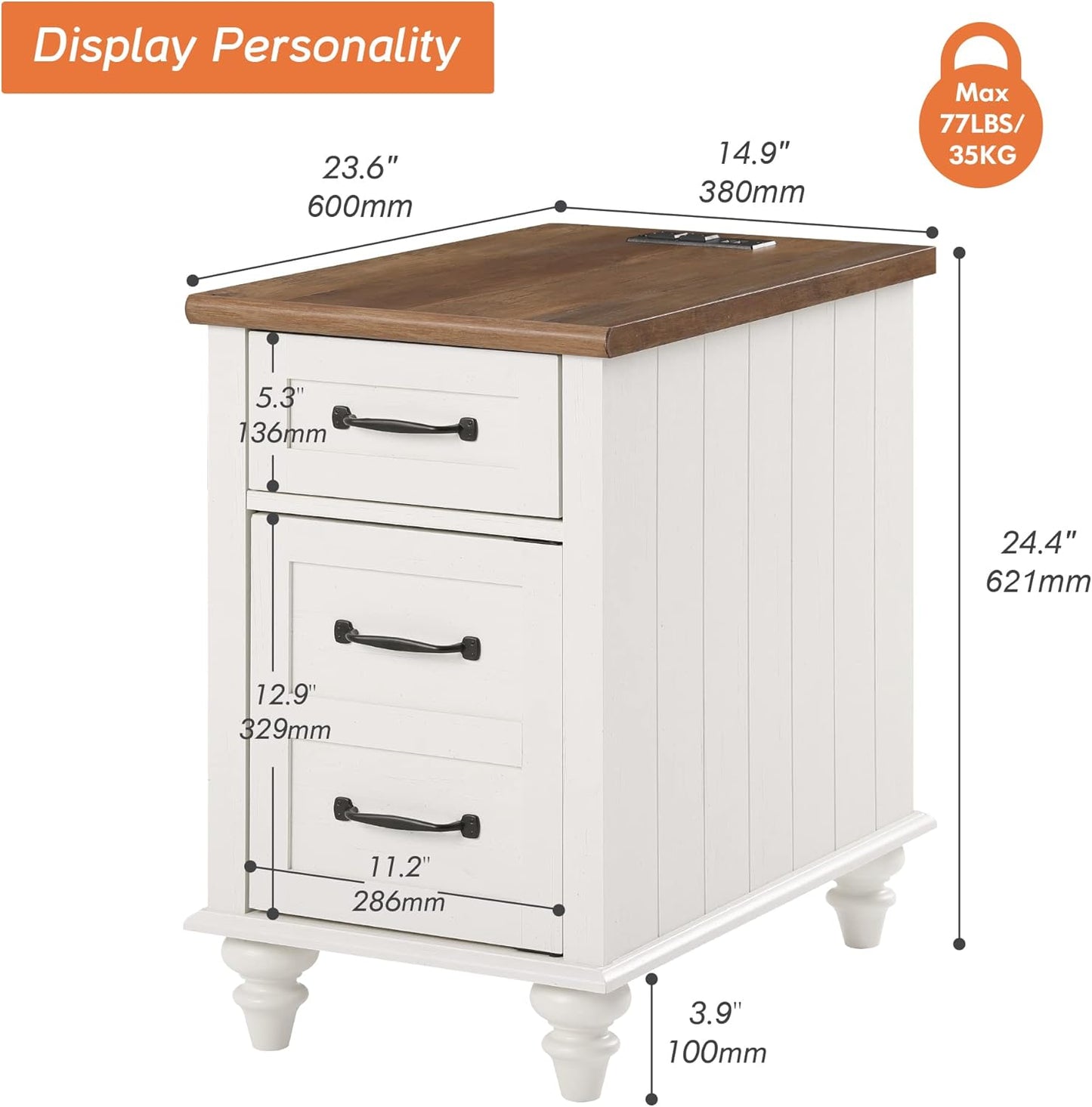 WAMPAT End Table with Charging Station, White Side Table with Storage Cabinet and Drawer, Wood Nightstand with Power Outlets & USB Ports for Bedroom, Living Room