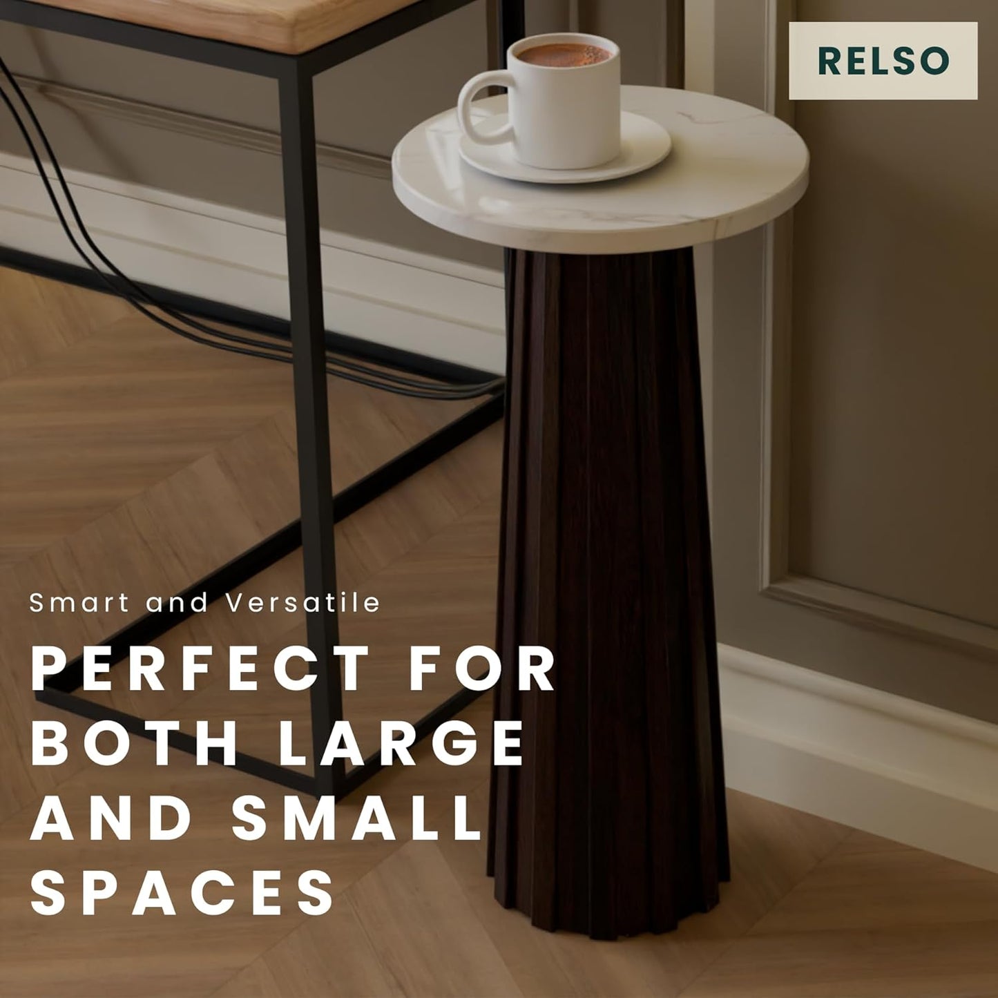 Ma'gro Drink Table – Solid Mango Wood Fluted Base with Real White Marble Top | Farmhouse Accent Side Table for Boho Decor, Bedside, Entryway, Plant Stand, Night Stand & Small Living Spaces