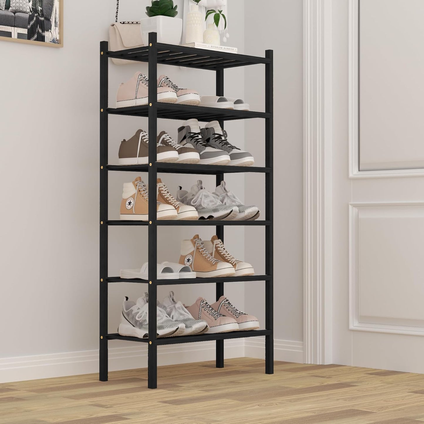6-Tier Bamboo Small Shoe Rack, Free Standing Wood Shoe Shelf Storage Organizer for Closet Entryway Stackable (Black)