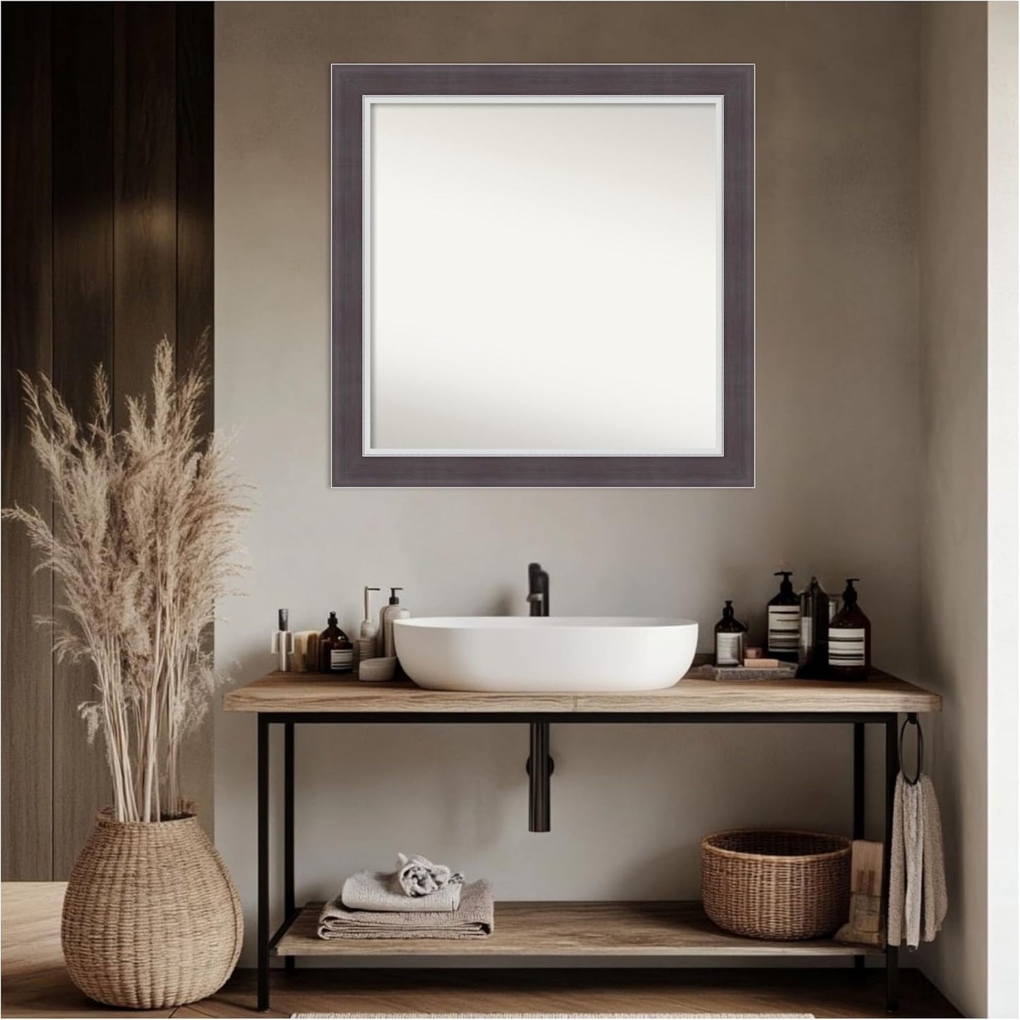 Amanti Art Brown Bathroom Mirror for Over Sink, 32x32 Ellie Brown Silver Square Vanity Mirror, Large Modern Contemporary Frame, Hangs Horizonally and Vertically, Bathroom Wall Decor, Non-Beveled Edge