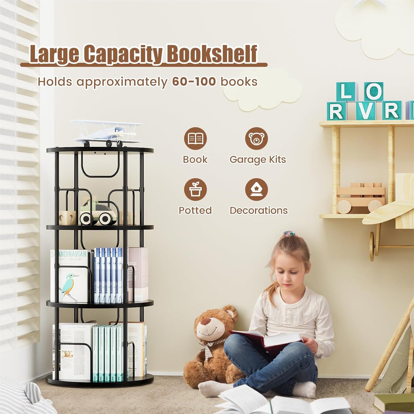 Rotating Bookshelf, 3 Tier Round Revolving Bookcase with Special Visible Partition Storage, 360° Display Spinning Small Bookshelf Tower Book Shelf Organizer for Bedroom, Small Space, Black