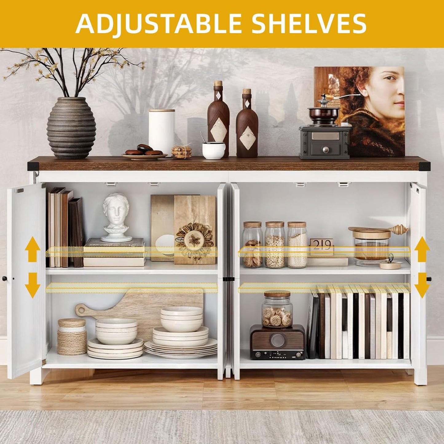 DWVO 55'' Sideboard Buffet Cabinet with Storage, Farmhouse Kitchen Storage Cabinet with 4 Doors, Coffee Bar Cabinets with Adjustable Shelves for Kitchen, Living Room, White&Brown