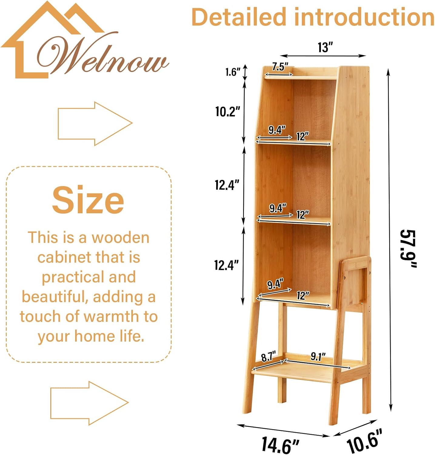 Welnow Bamboo Bookcase with Cabinet, Natural End Table with 3-Tier Storage Shelf, Modern Bedside Organizer Side Table for Bedroom or Living Room, Wood Bookshelf with Open Space