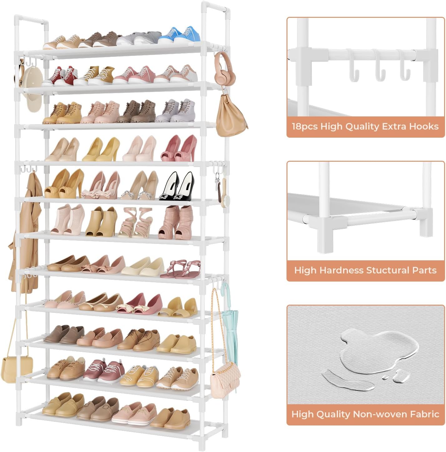 11 Tiers Tall Shoe Rack Holds 55 Pairs of Shoes with 18pcs Hooks Sturdy Wide Shoe Organizer Storage Free Standing Metal Shoe Shelf for Closet, Entryway White