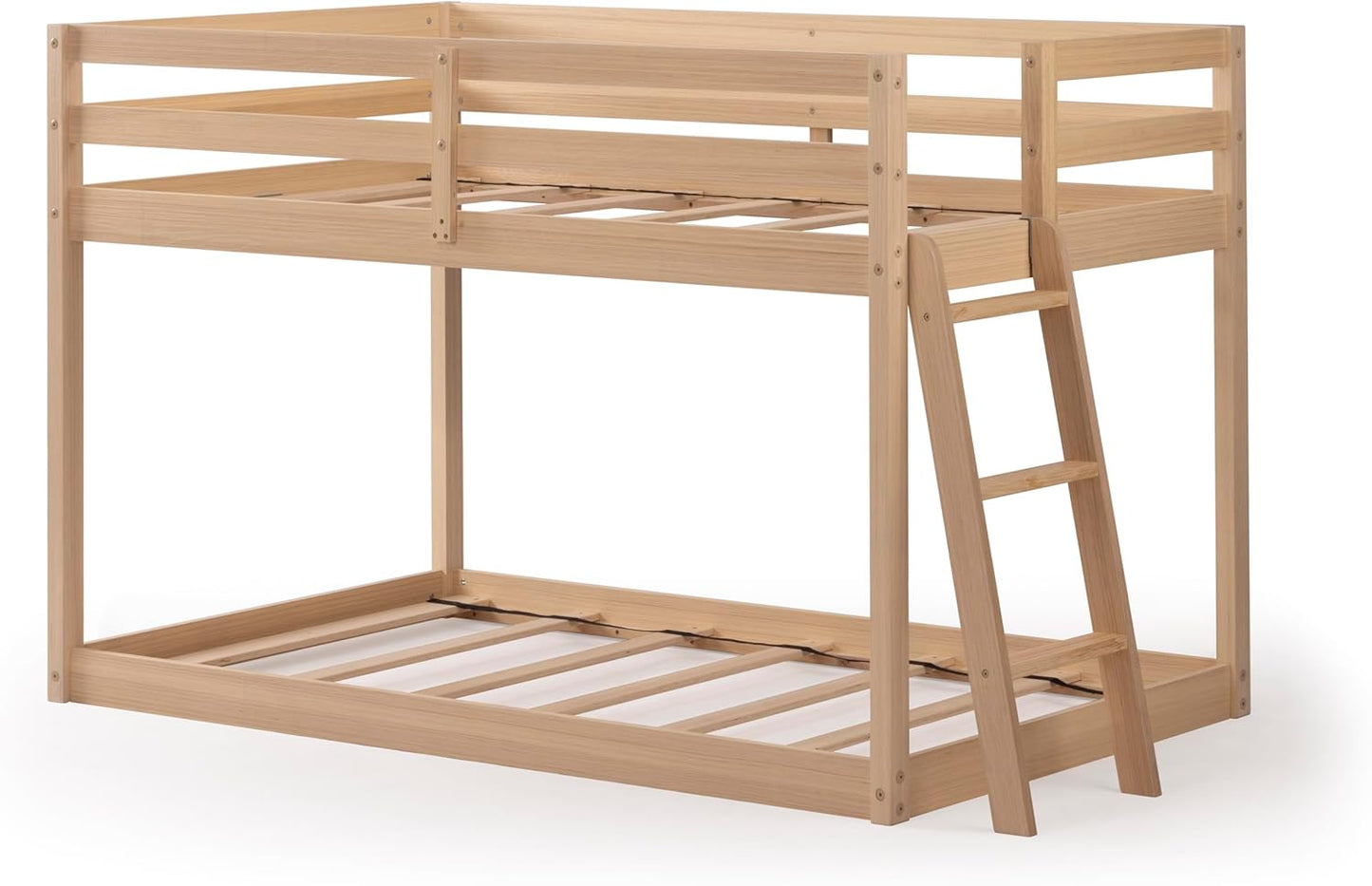 Grain & Grove Bear Twin Over Twin Bunk Bed, Low Bunk Bed Frame for Kids, Bunk with Ladder, Guardrail and Slats, No Box Spring Required, Oak Embossed Natural
