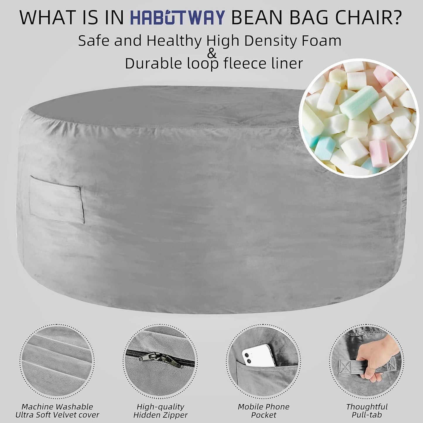 HABUTWAY Bean Bag Chair: Giant 5' Memory Foam Furniture Bean Bag Chairs for Adults with Microfiber Cover 5Ft (Light Grey)