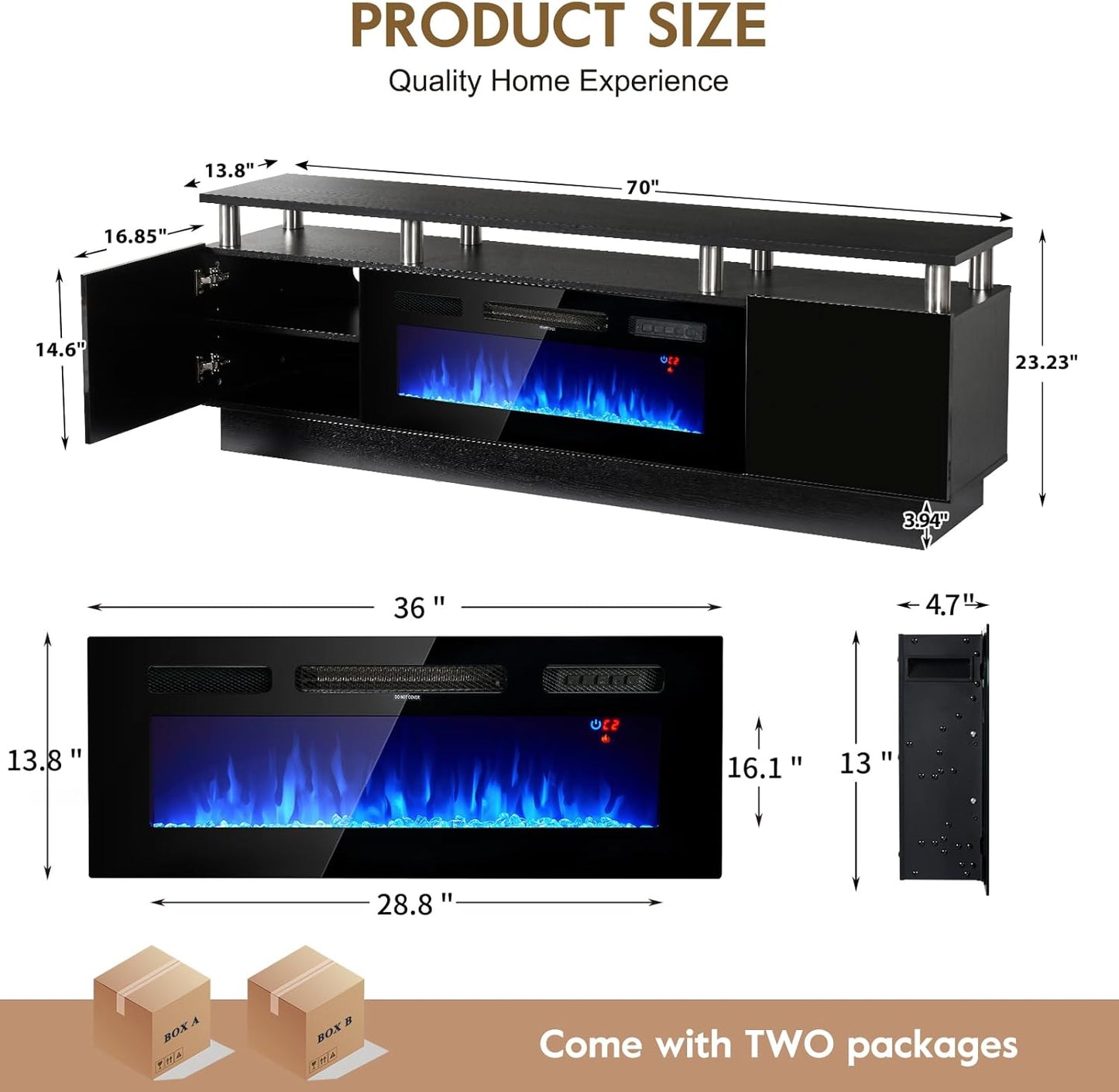 70" TV Stand for Living Room, Modern Entertainment Center & Media Console, Fits TVs up to 80", Storage Cabinet with Shelves, 36" Electric Fireplace with LED Flame (All Black)