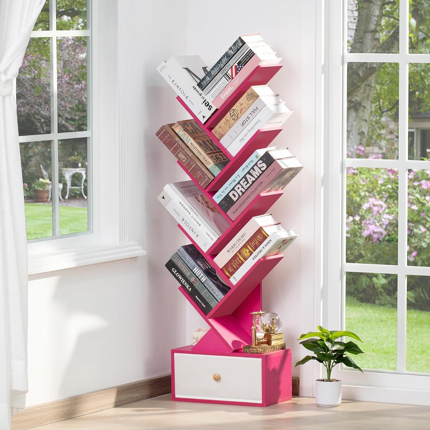 8 Tier Tree Bookshelf with Drawer, Free Standing Wood Bookcase for Narrow Space, Storage Organizer Bookshelves for Books, Book Case for Home Office, Living Room, Bedroom - Pink