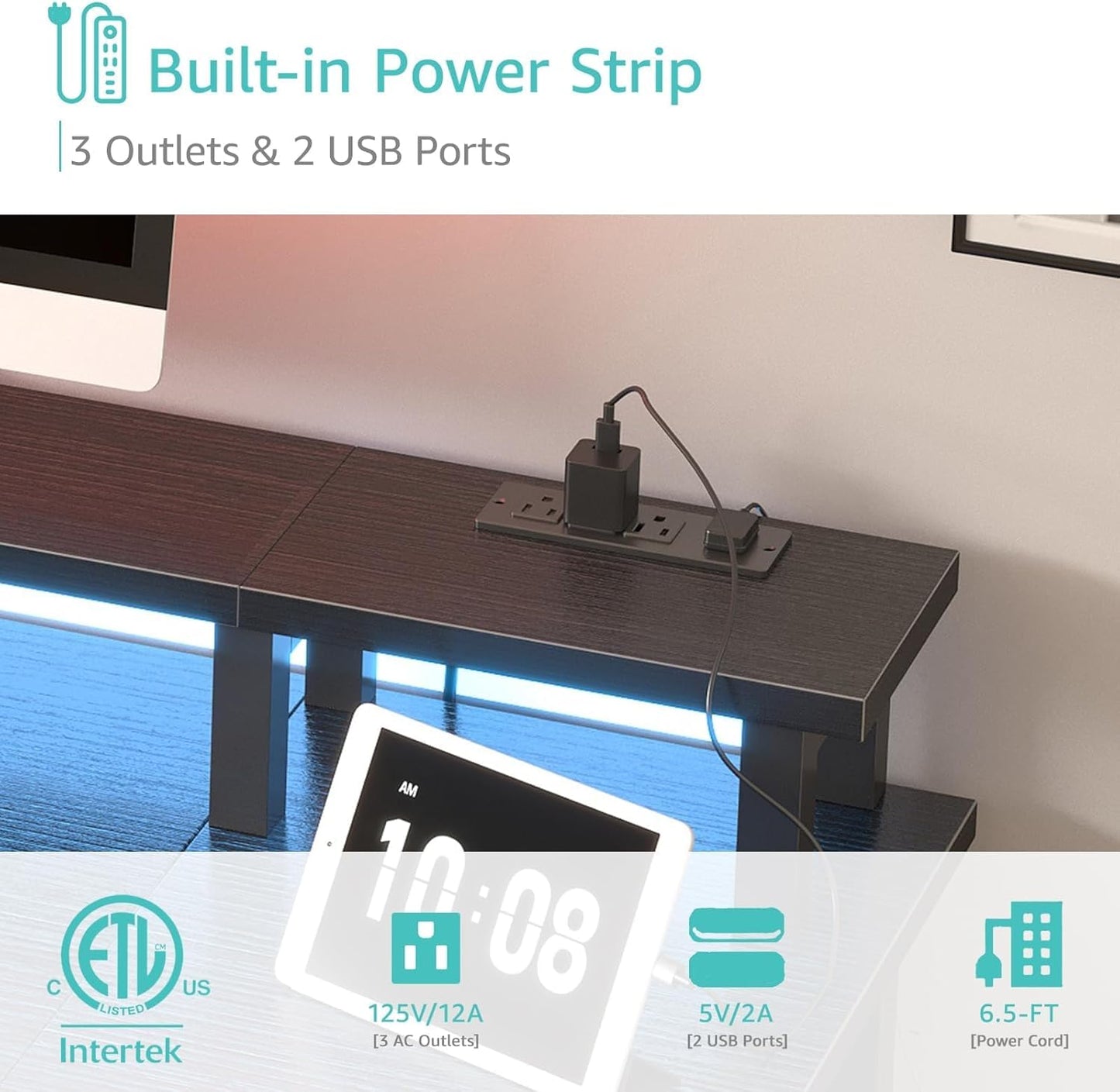 Lufeiya Black Gaming Desk with LED Lights and Power Outlets, 47 inch Computer Desk with Fabric Drawers and Storage Shelves, Home Office Desk with Monitor Stand, Black