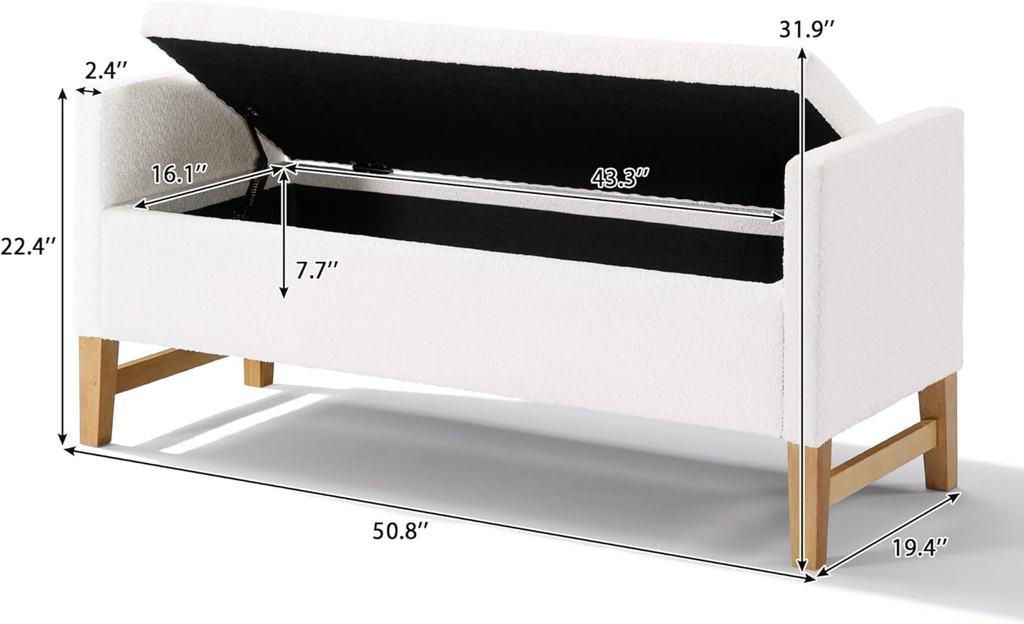 Merax Boucle Upholstered Storage Ottoman Bench 50.8" End of Bed Bench with 2 Round Pillows & Solid Wood Legs, Ample Hidden Storage Space, for Entryway Bedroom, Ivory