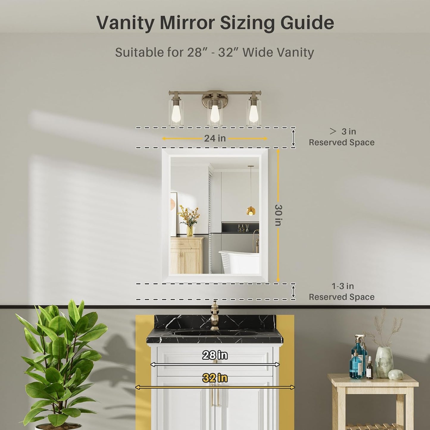 24x30 Inch White Bathroom Mirror for Wall, Thick Metal Framed Rectangle Mirrors for Over Sink, Bedroom, Living Room, Entryway, Anti-Rust, HD Tempered Glass