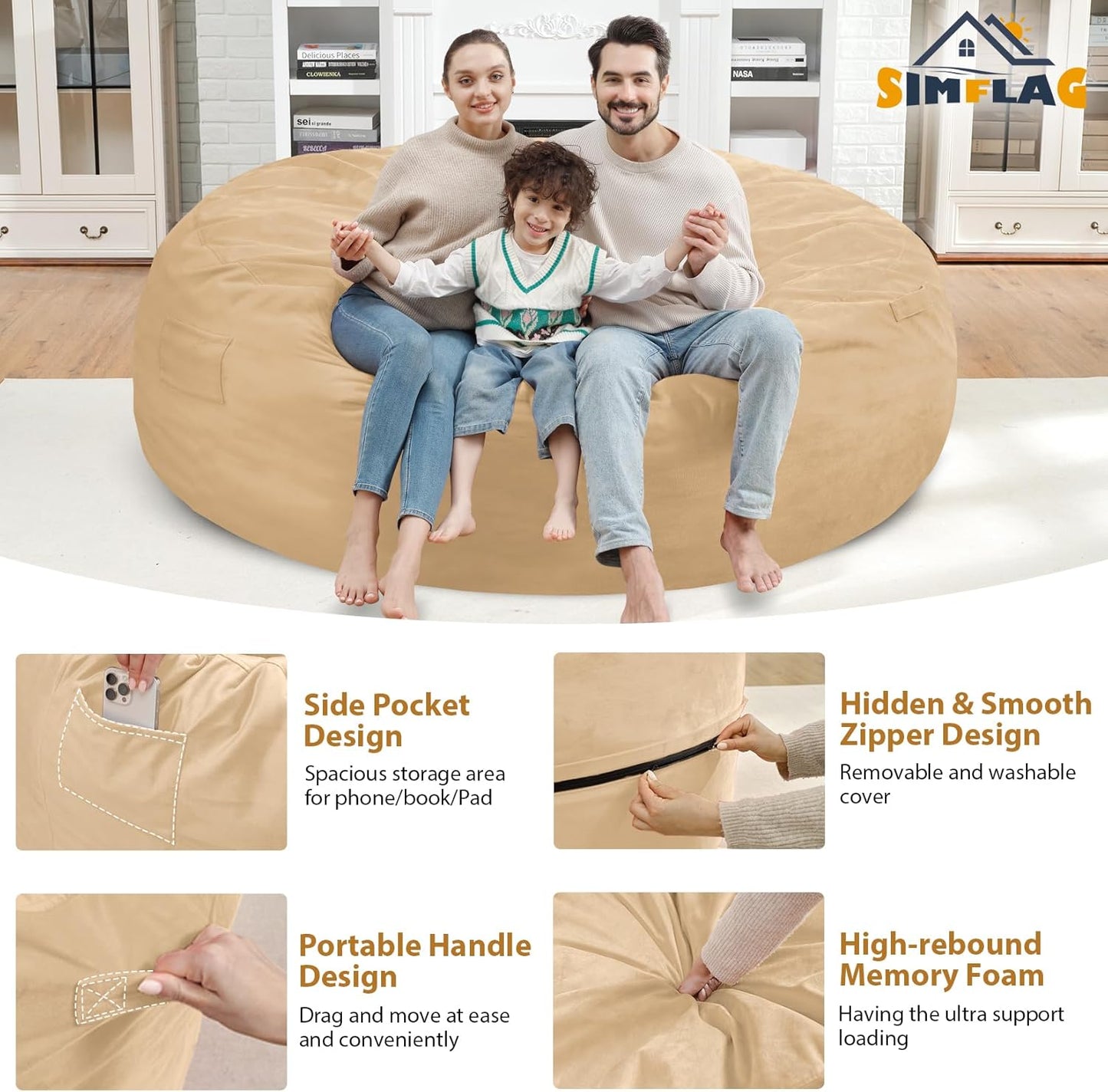 7FT Bean Bag Chair, Large Bean Bag Chairs with Memory Foam Filled, Fluffy Beanbag Sofa with Dutch Velvet Cover, Round BeanBag Chairs for Living Room, Playroom - Khaki