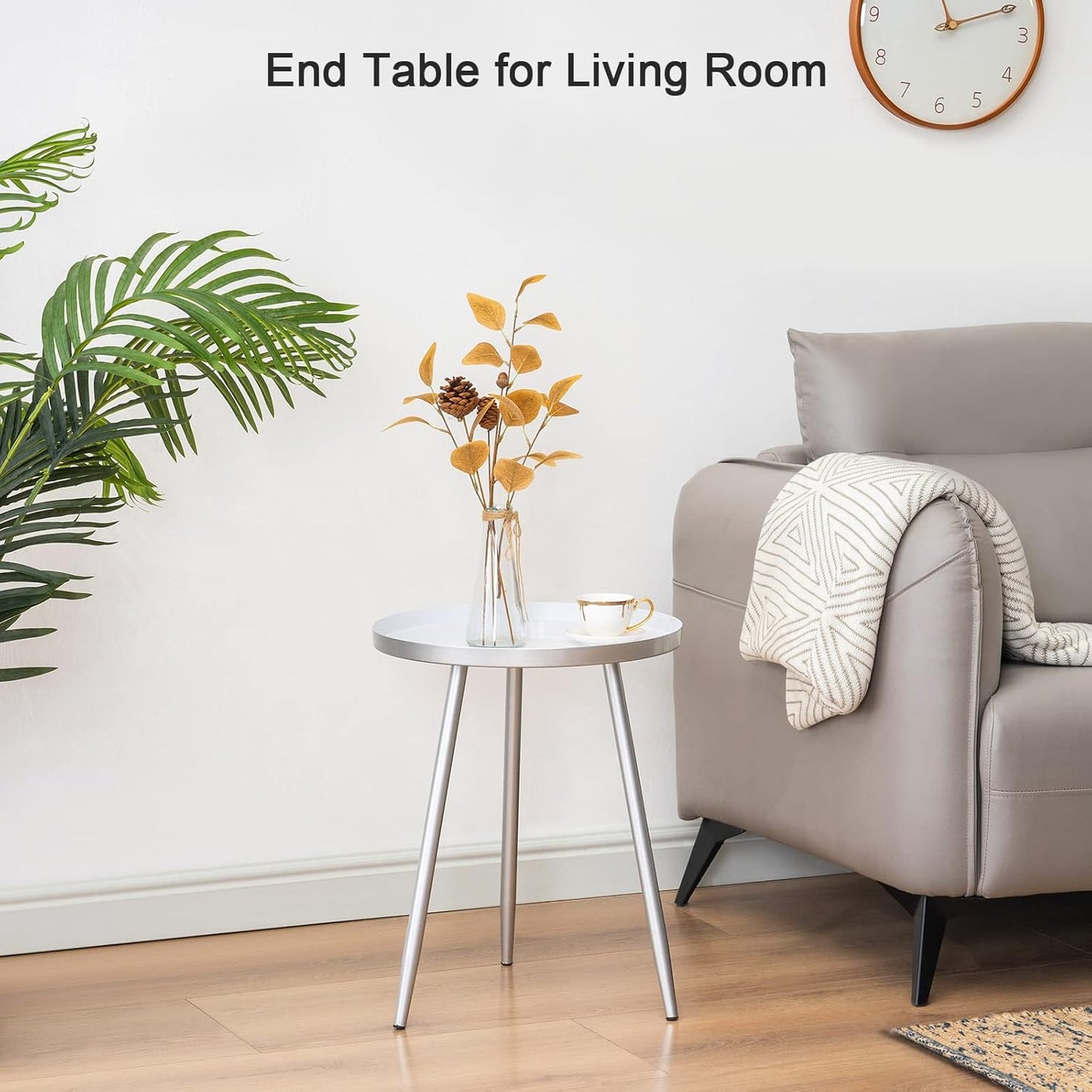 Apicizon 16" Round Side Table Set of 2, Silver Metal End Table for Living Room, Bedside, Mid Century Modern Coffee Table or Circle Accent Table for Small Spaces, Silver and White