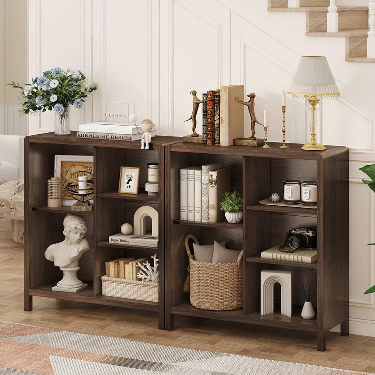 FATORRI 5 Cube Bookshelf, Wood Bookcase with 3 Adjustable Shelves, Farmhouse Cube Storage Organizer Shelf for Small Space Bedroom Living Room (Dark Walnut)