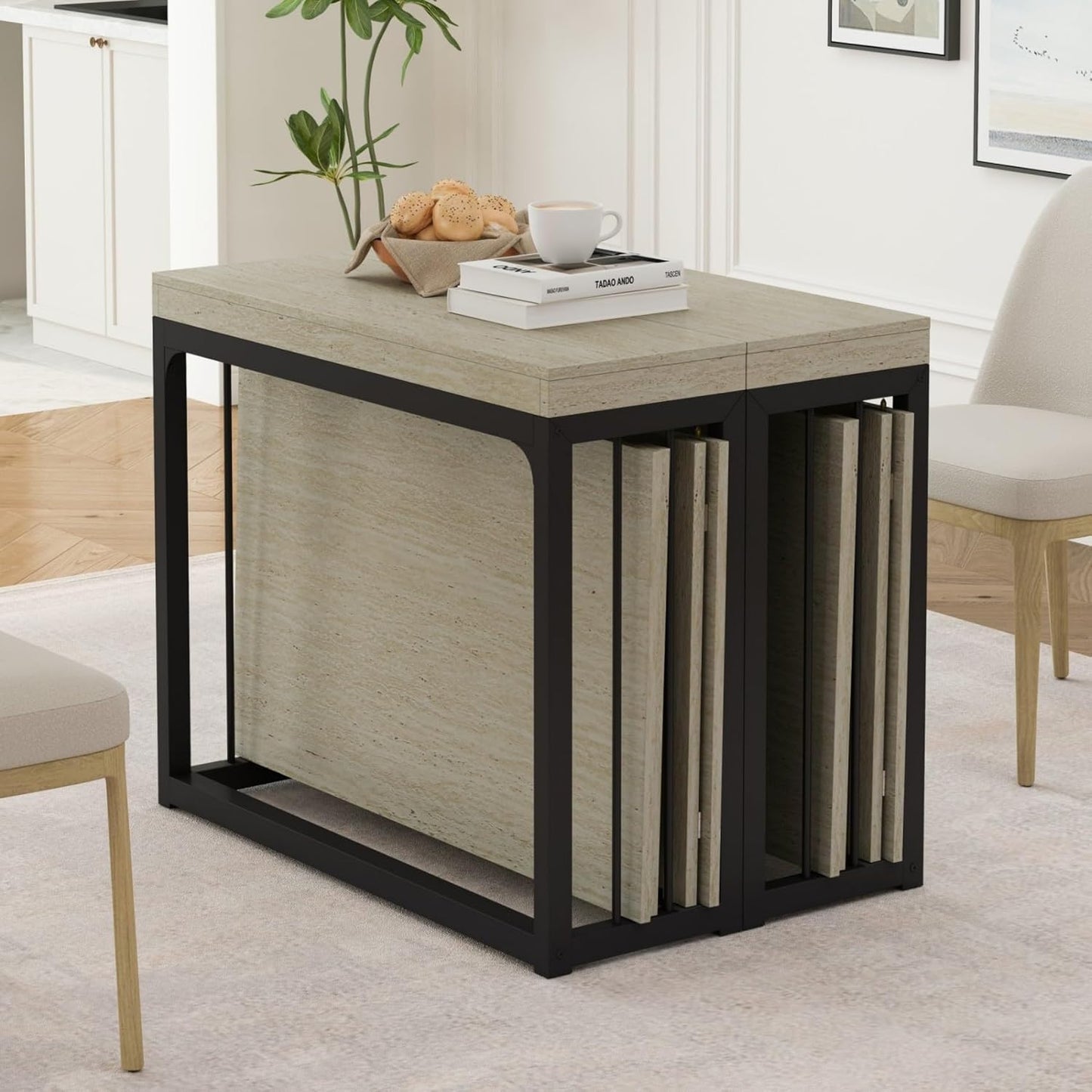 KEIKI 23.62" - 118" L Extendable Foldable Dining Room Table for 2-10 People, Wood Modern Rustic Rectangle Expandable Kitchen Living Meeting Room Furniture, 5 Tabletop Length Options