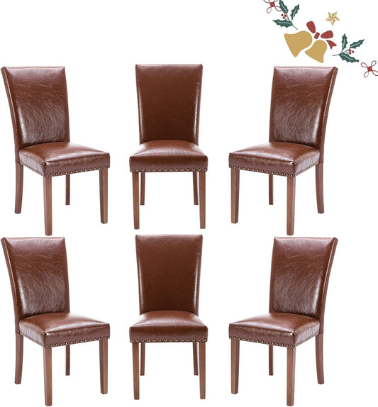Parsons Dining Chairs Set of 6, Upholstered Nailhead PU Leather Dining Room Kitchen Side Chair with Thick Cushions and Wood Legs, Light Brown