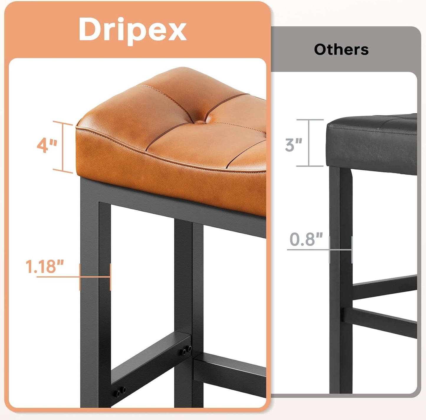 Dripex Backless Saddle Bar Stools Set of 3, Modern Faux Leather 24'' Counter Height Barstools with 4" Thick Seats & Heavy Duty Metal Legs, for Kitchen Island, Bar, Dining Room, Brown