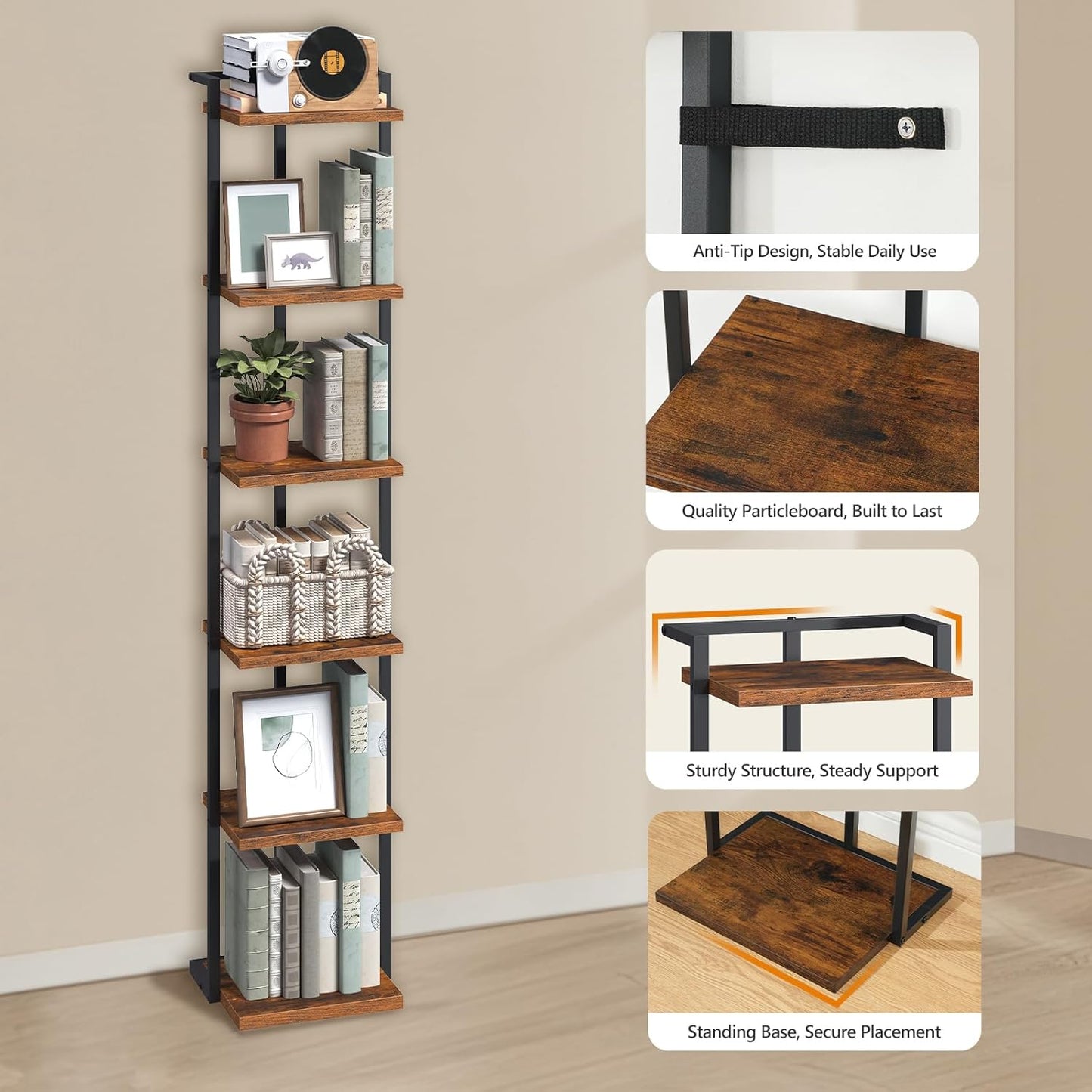 Bookshelf, 6-Tier Bookcase, Vertical Tall Narrow Book Shelf for Small Space, Open Storage Display Shelf with Stable Base & Anti-Tip Kits, for Living Room, Study, Rustic Brown BKHR11601