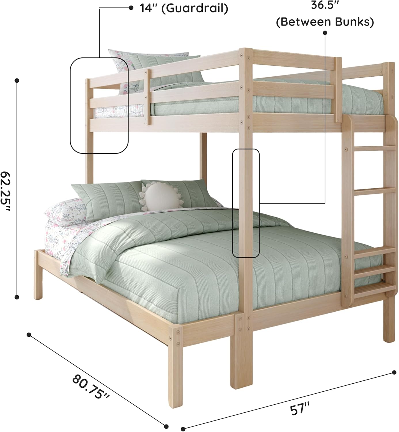Grain & Grove Bear Twin Over Full Bunk Bed, Sturdy Bunk Bed Frame for Kids, Plywood Bunk with Ladder, Guardrail, and Slats, No Box Spring Required, Oak Embossed Natural