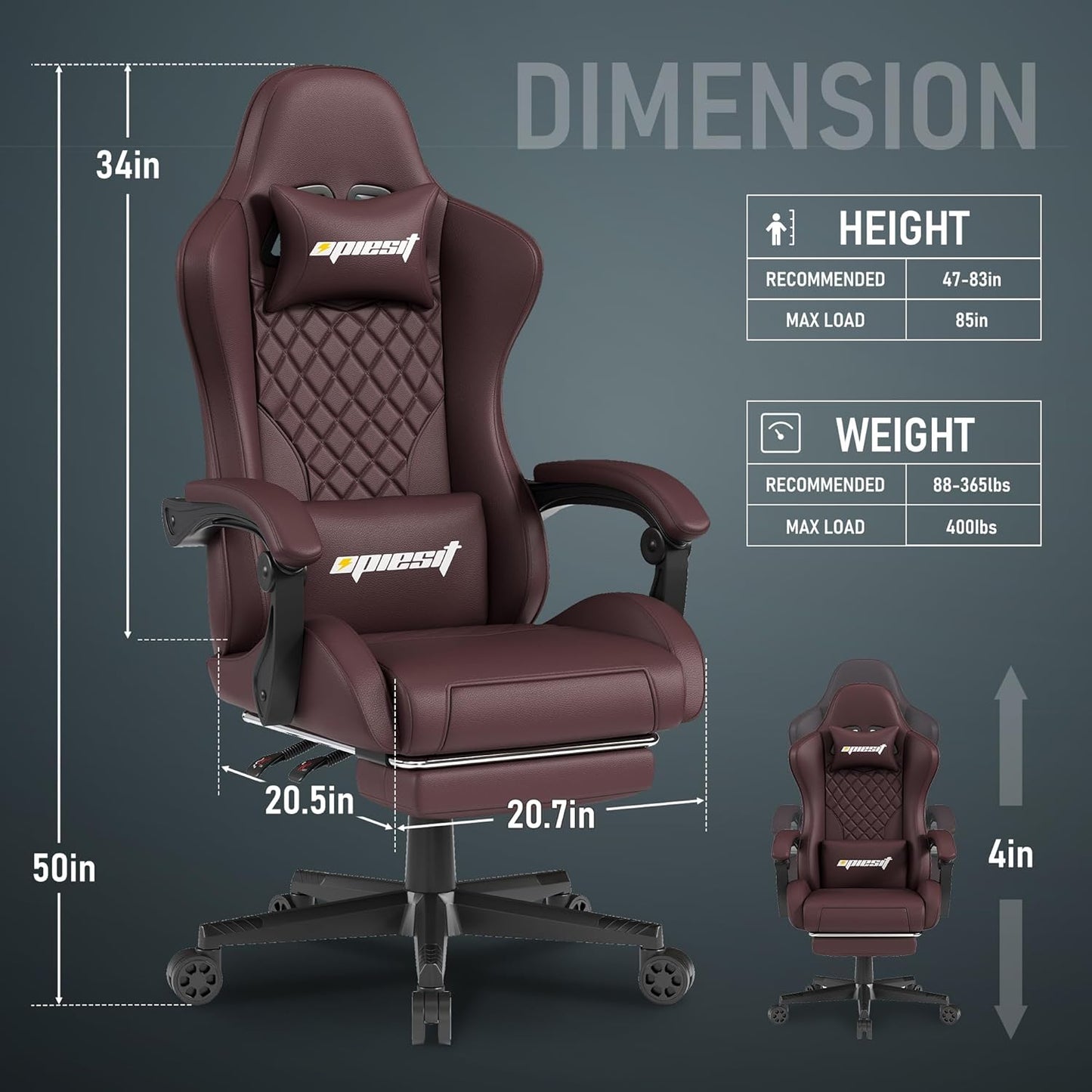 Gaming Chair Office Chair with Footrest, Height Adjustable, Ergonomic Computer Chairs with Pocket Spring Cushion, PU Leather,Video Game Chair 360° Swive,(PU-Brown)