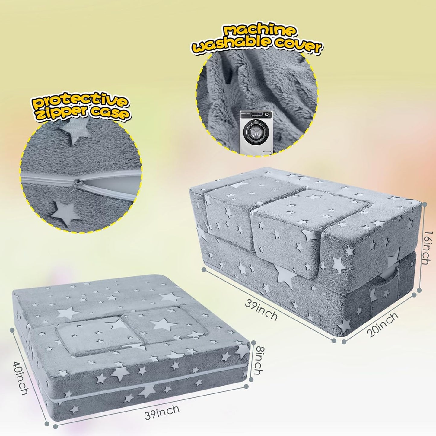 MeMoreCool Modular Kids Play Couch Sofa – Glow in The Dark Star Design, Fold-Out Toddler Couch for Playroom Furniture, Grey