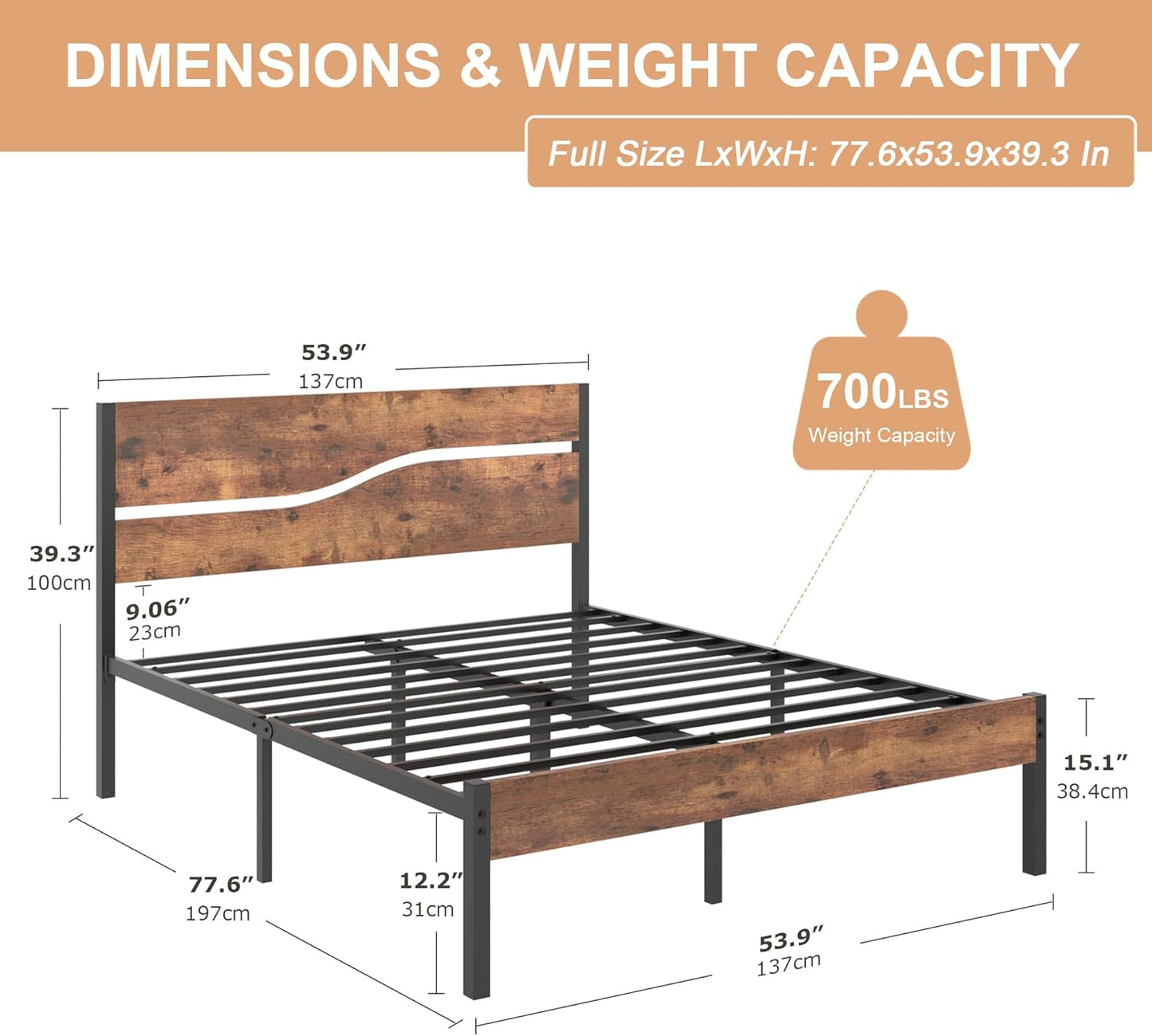 VECELO Full Size Bed Frame with Wood Headboard and Footboard, 14 Inch Platform/No Box Spring Needed, Heavy Duty Support, Easy Assembly