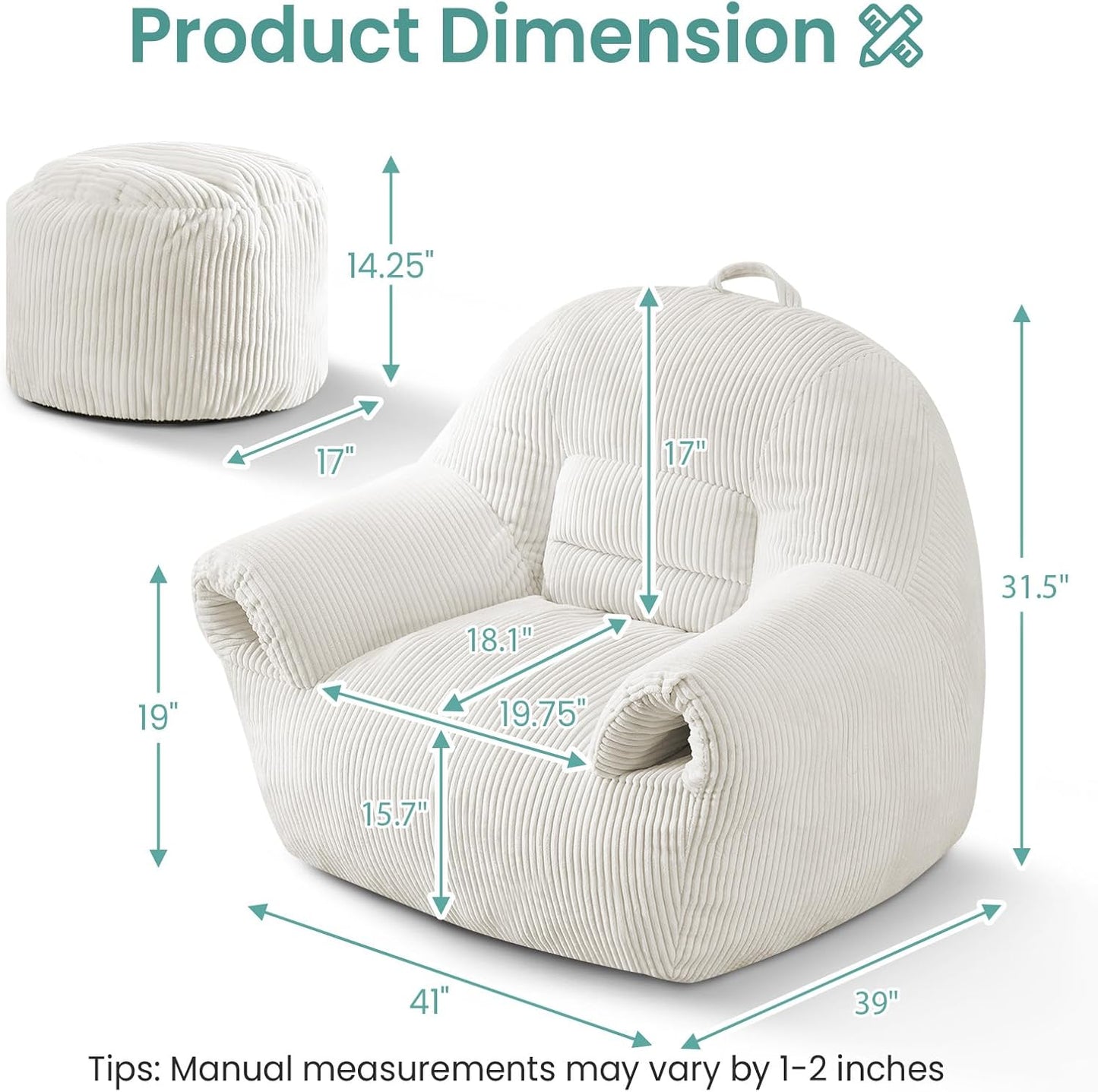 DAICO Bean Bag Chairs for Adults Beanbag Sofa with Ottoman Comfy Accent Chair with Armrests Corduroy Couch with Foam Single Lazy Sofas for Living Room Reading Bedroom Gaming Office Beige