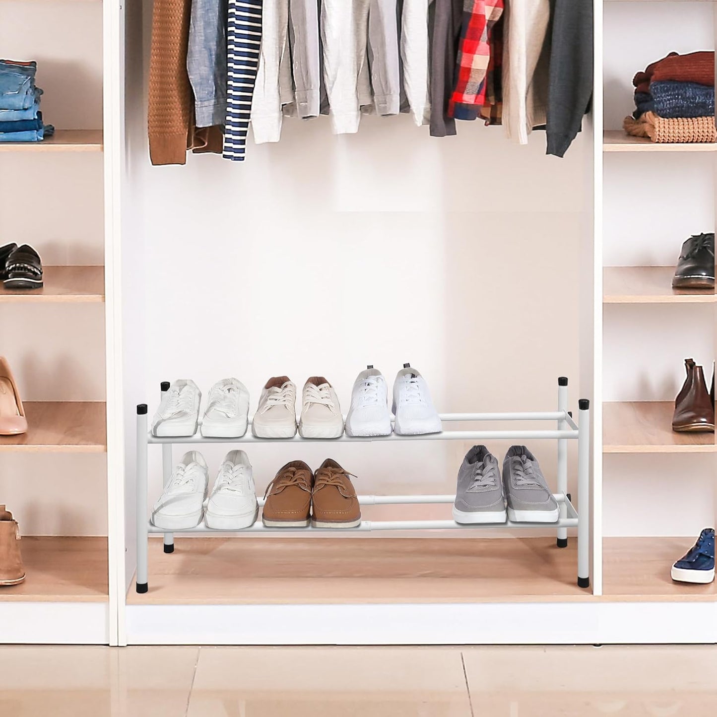 STORAGE MANIAC Expandable Shoe Rack, 8 Pairs Stackable Small Shoe Rack, Metal Adjustable Shoes Organizer for Closet, Entryway, Hallway, Garage, Front Door, Shoes Shelves, White 2 Tier