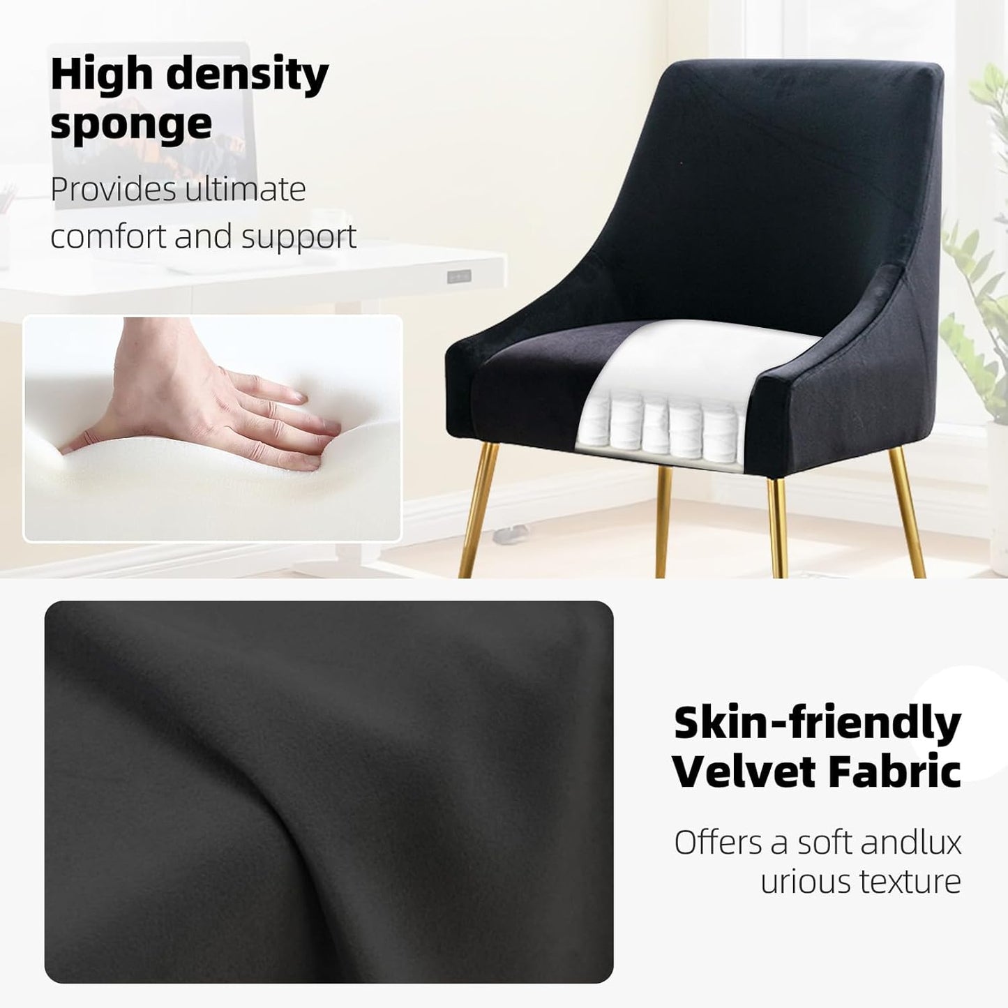 Velvet Dining Chairs Set of 2, Furniture Collection Modern Contemporary Upholstered with Polished Gold Metal Legs(Black)