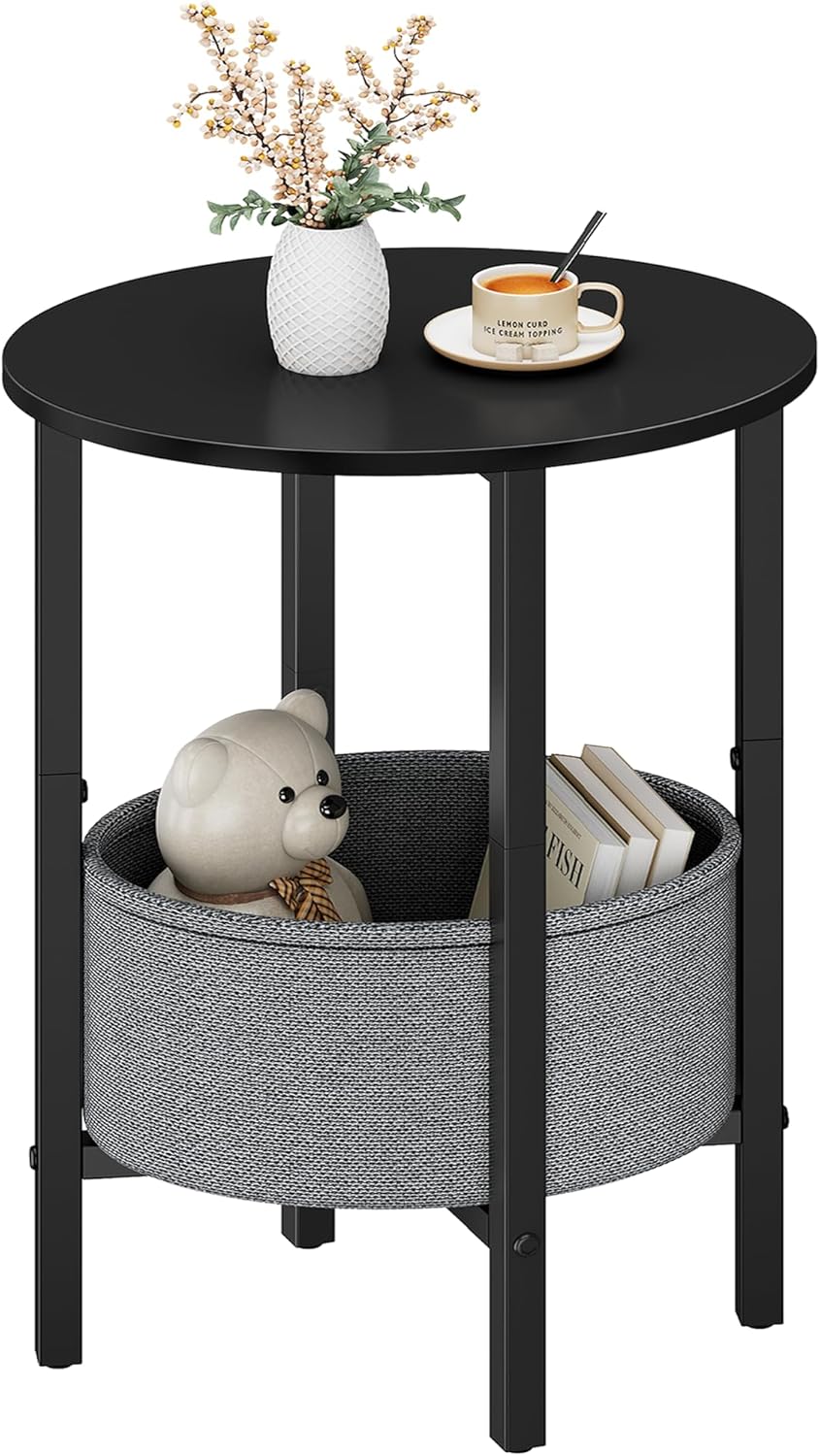 Vagusicc Round Side Table End Table with Storage Basket, Small Side Table Round Nightstand for Small Spaces, Tall Oval End Table with Steel Frame, Coffee Bedside Table for Living Room Bedroom, Black