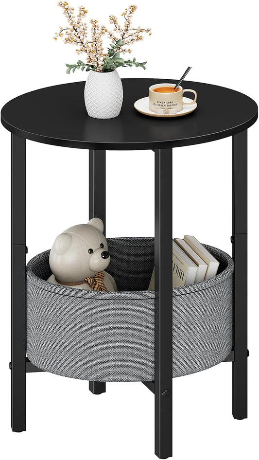 Vagusicc Round Side Table End Table with Storage Basket, Small Side Table Round Nightstand for Small Spaces, Tall Oval End Table with Steel Frame, Coffee Bedside Table for Living Room Bedroom, Black