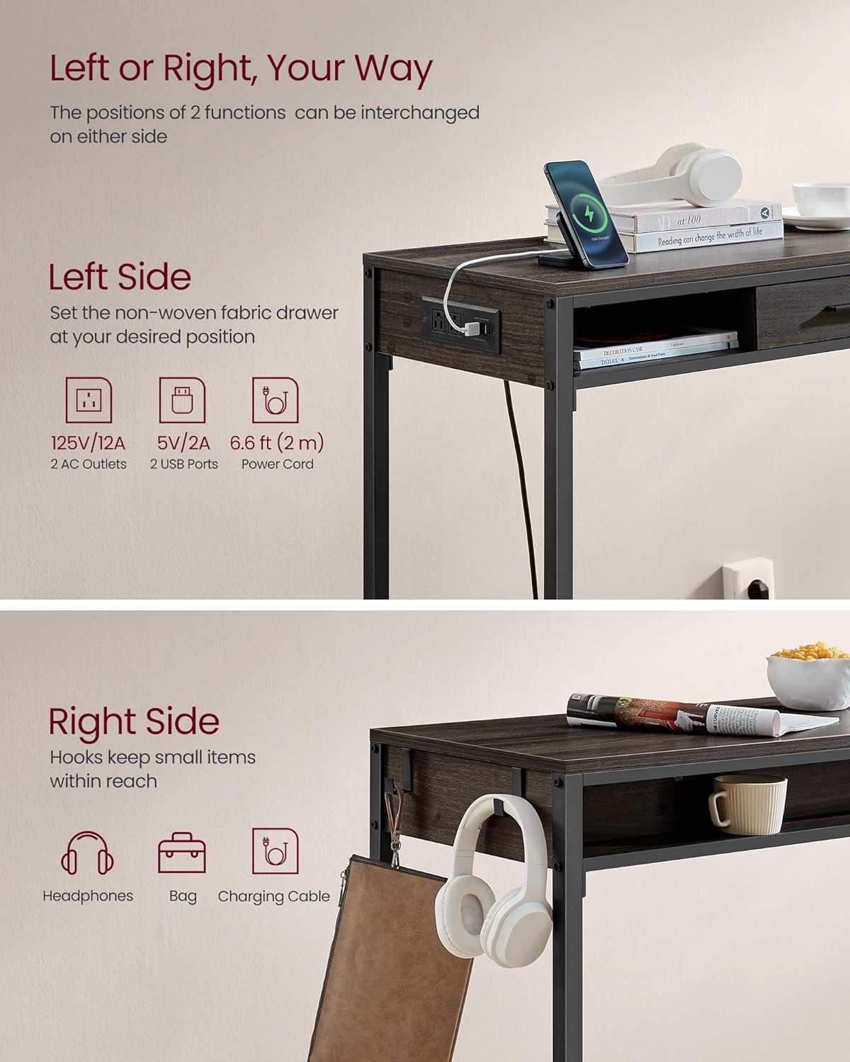 VASAGLE Bar Table with Power Outlets, 47.2 Inches Long Bar Height Pub Table, Rectangular High Top, with Movable Drawer, 2 Hooks, Narrow Storage for Kitchen, Dining, Entryway, Ash Brown