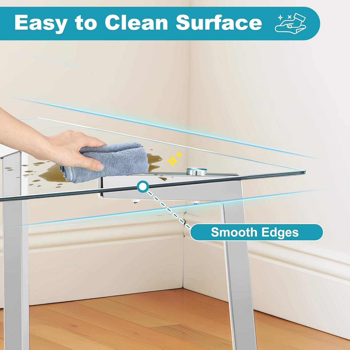 Dining Table for 6 Kitchen Table 51" Rectangular Modern Glass Dining Table Kitchen & Dining Room Tables with Glass Tabletop and Metal Legs for Dining Room and Kitchen, Silver