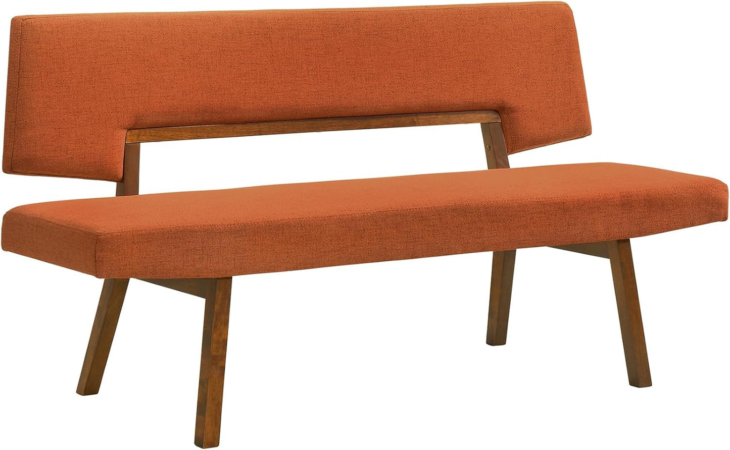 Armen Living Channell Mid Century Modern 5 Piece Walnut Wood Dining Table Set with Benches in Orange Fabric