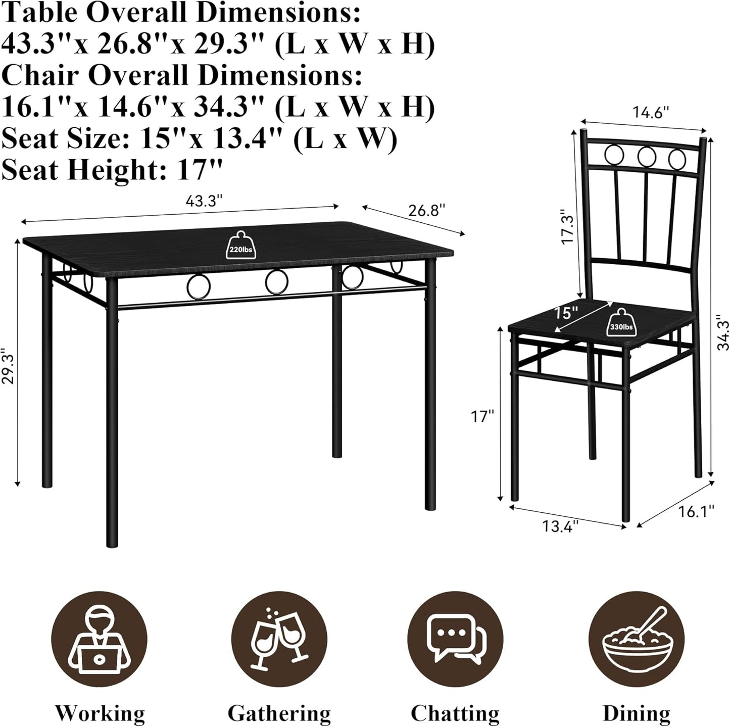 5 Piece Dining Table Set, Modern Metal&Wood Kitchen Dinner Table with 4 Chairs, Dining Room Table Sets for Small Spaces, Black