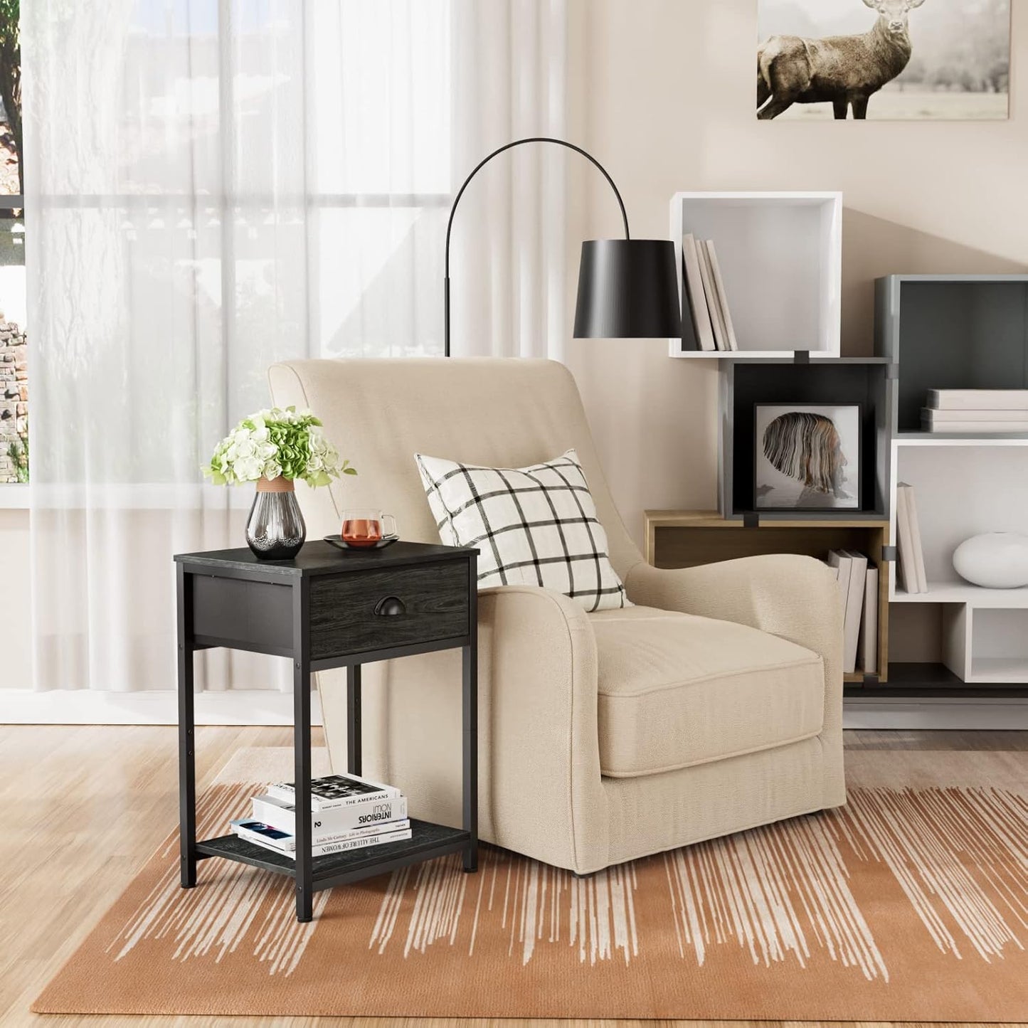 Furologee Nightstand with Fabric Drawer & Storage Shelf, Small Bedside Table Organizer for Small Space, 2 Tiers Industrial End Table, Side Table for Living Room, Bedroom, Black Oak