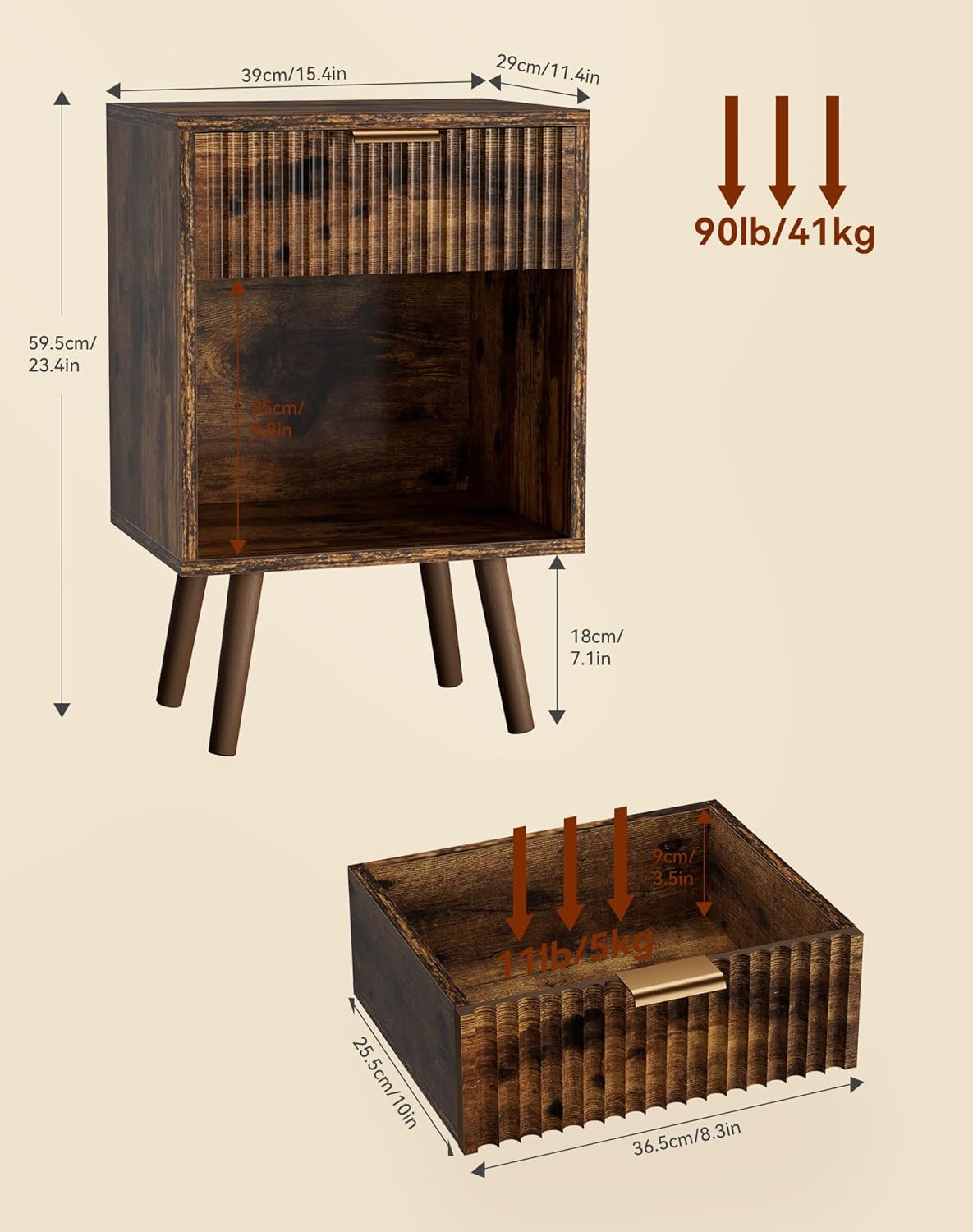 YMYNY Mid Century Modern Nightstand, Side Table, Fluted Night Stand with Drawer, Open Shelf Unit, Golden Handle, Solid Wood Legs, Bedside Table, for Bedroom, Rustic Brown UHST013H