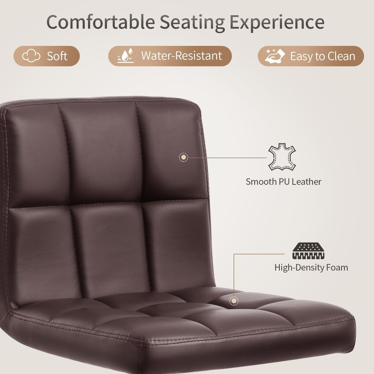 BestOffice Bar Stools Set of 2, Adjustable PU Leather Swivel Barstools, Modern Counter Stools with Back and Footrest, Counter Height Barstools for Bar, Kitchen and Dining Room