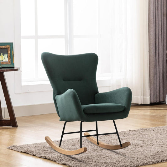 Phoenix Home Rocking Chair Nursery Velvet Upholstered Glider Rocker Rocking Accent Chair Padded Seat with High Backrest Armchair Comfy Side Chair for Living Room Bedroom Offices, Green