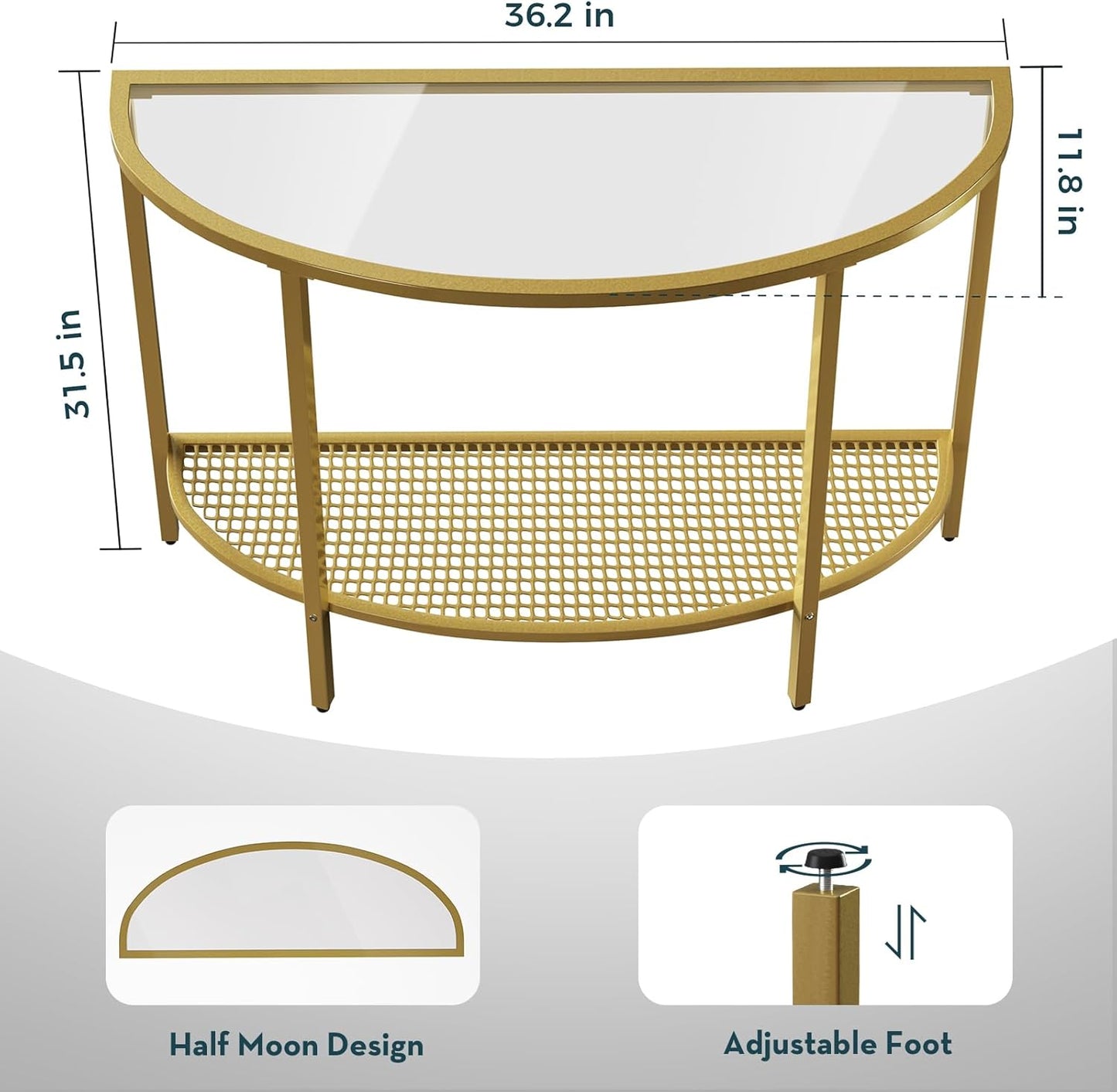 SAYGOER Glass Half Moon Console Table 2 Tier Narrow Entryway Table with Gold Metal Frames, Modern Couch Table Small Entry Way Tables, Easy Assembly, Clear Glass Gold Frames