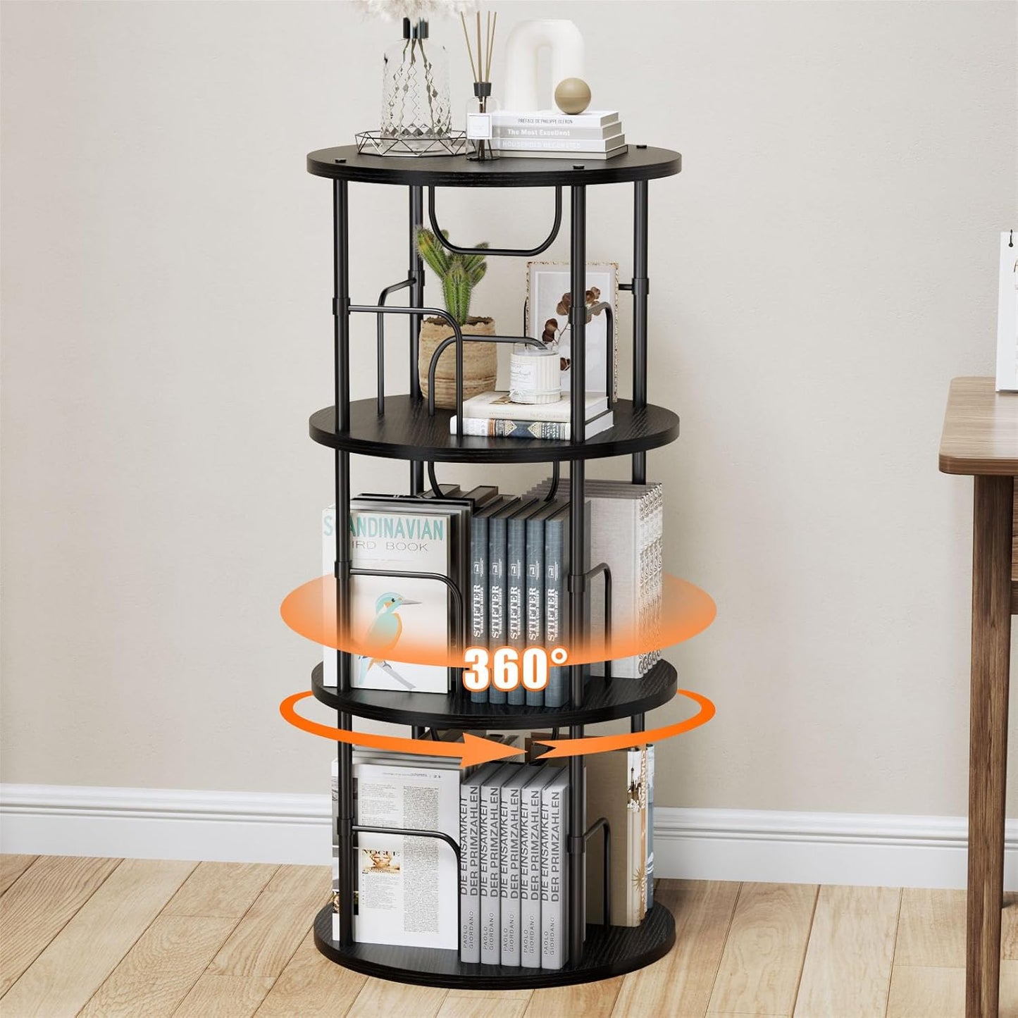 Rotating Bookshelf, 3 Tier Round Revolving Bookcase with Special Visible Partition Storage, 360° Display Spinning Small Bookshelf Tower Book Shelf Organizer for Bedroom, Small Space, Black