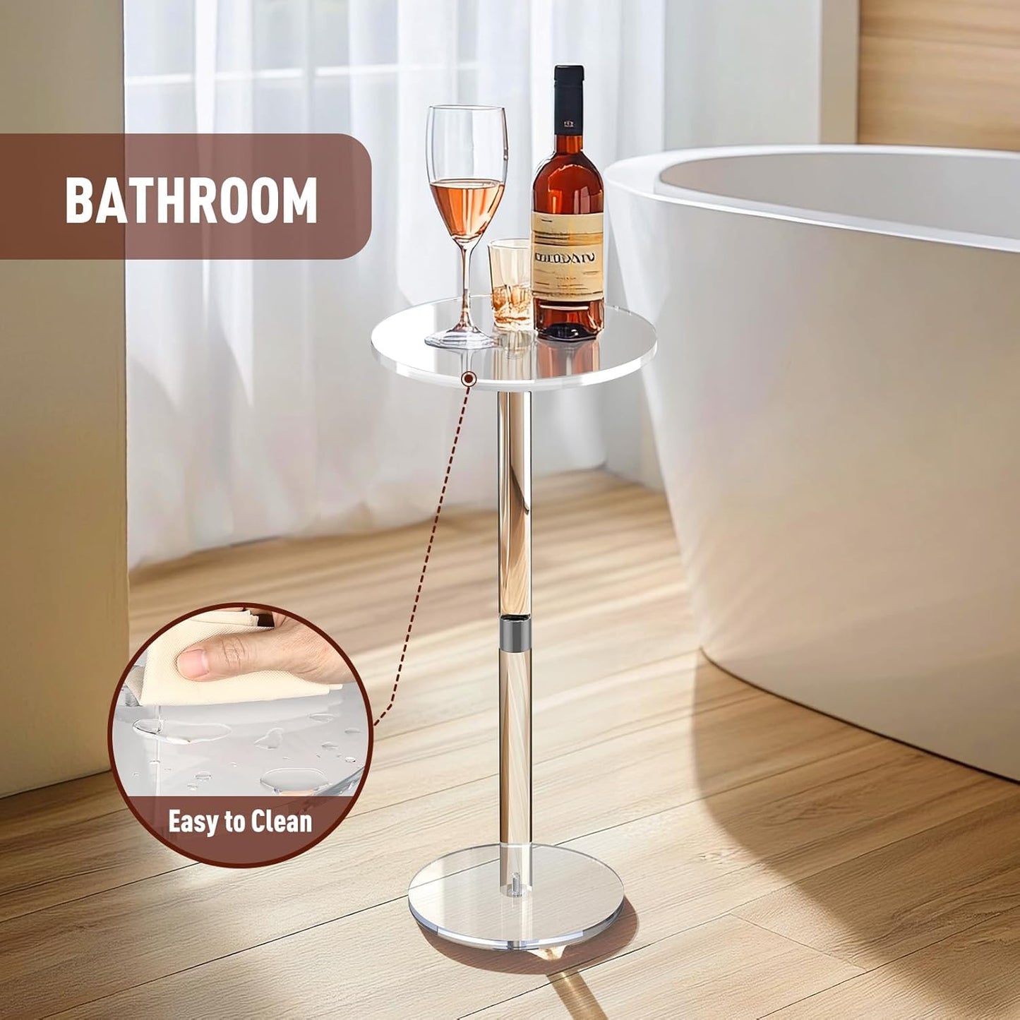 9.8" Round Clear Acrylic End Table - Modern Small Space Side Table for Living Room, Bedroom, Office, Outdoor | Sturdy, Easy to Install, Multi-Purpose