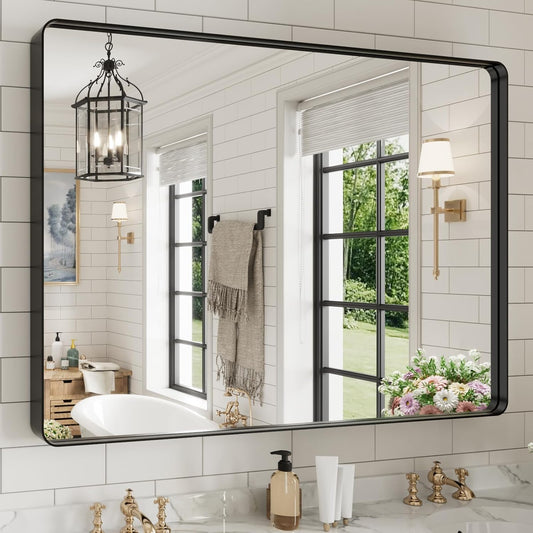WEER Black Bathroom Mirror for Wall, 48X40 Inch Matte Black Mirror, Rectangular Black Metal Framed Vanity Mirror with Tempered Glass, Rounded Corner, Anti-Rust (Horizontal/Vertical)