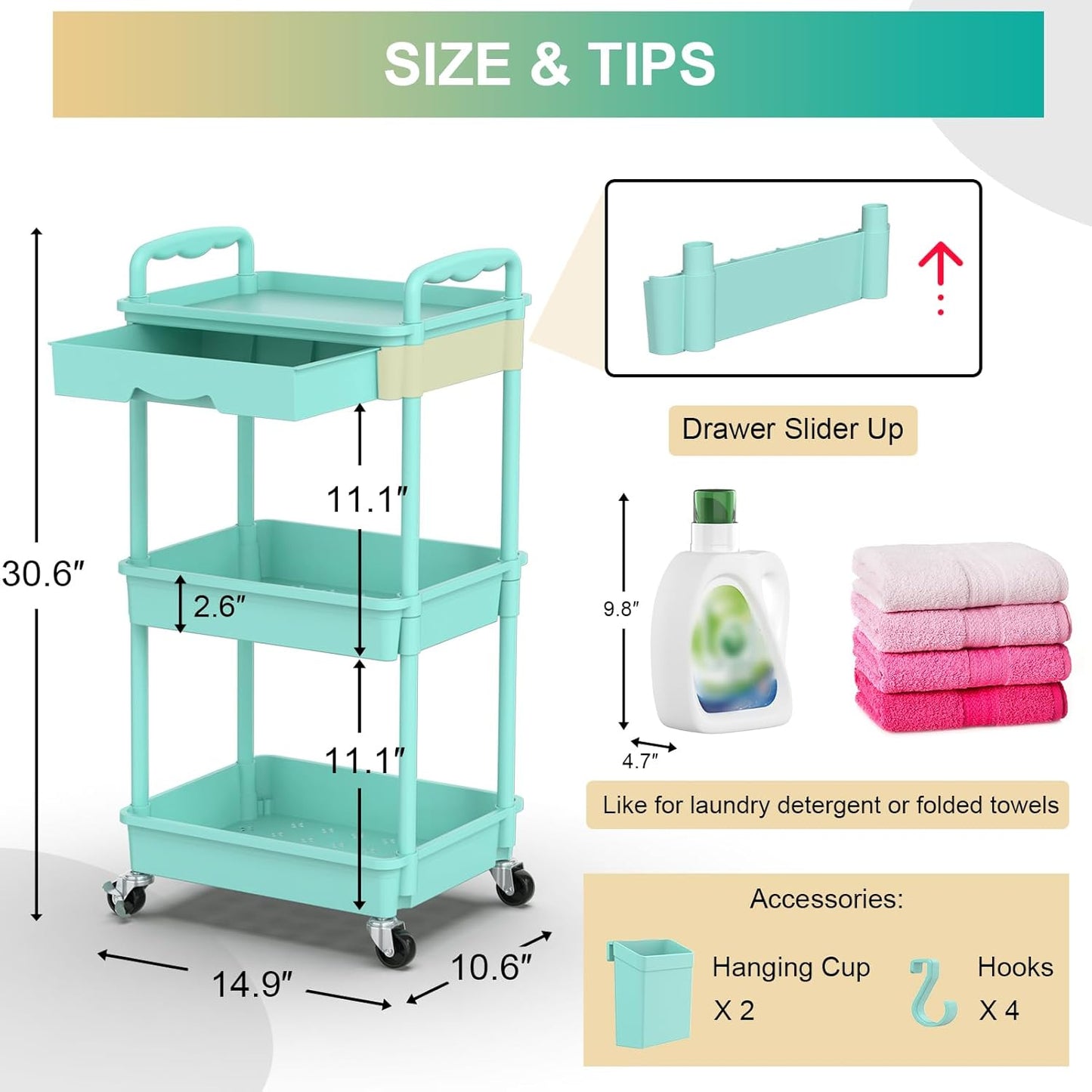 Goovilla 3 Tier Rolling Utility Cart Organizer with Removable Drawer, Stable and Sturdy Blue Rolling Storage Carts with 2 Lockable Wheels for Bathroom, Kitchen, Snack, Craft, Makeup, Baby Essentials