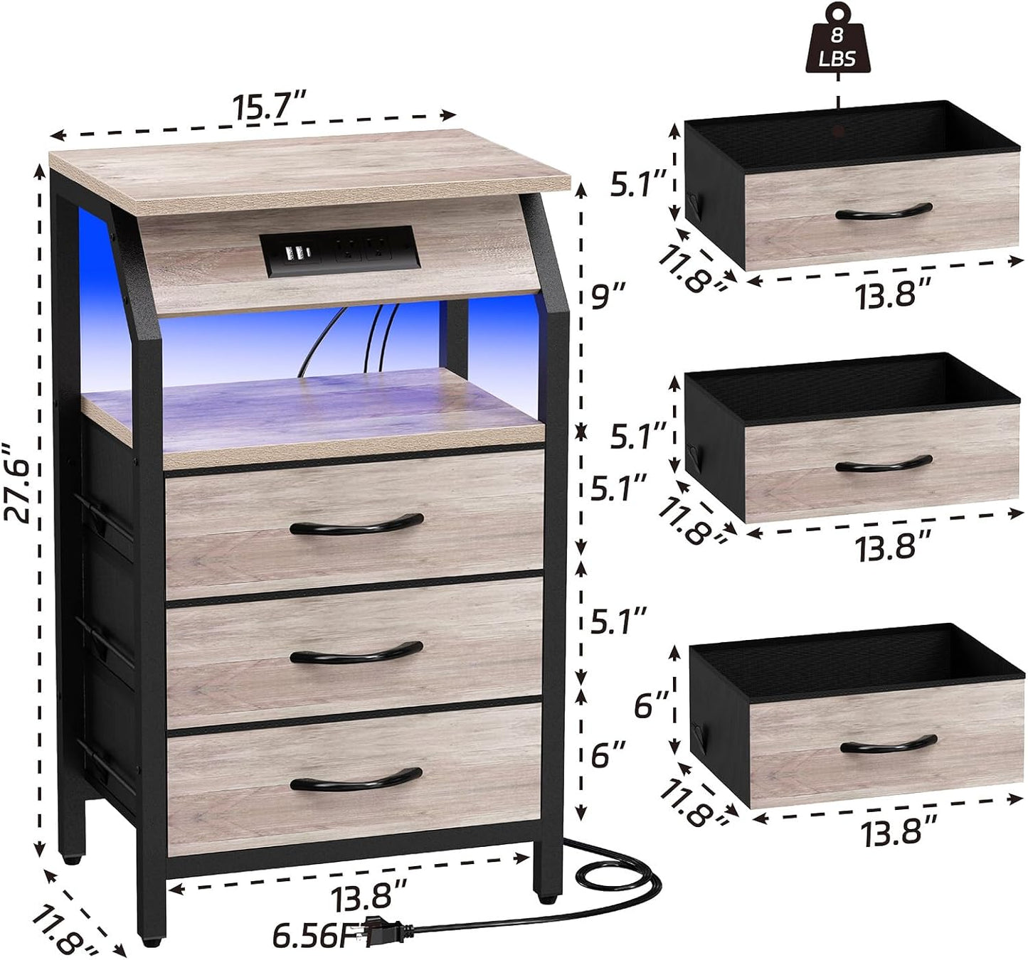 End Table with 3 Drawers, Night Stand with Charger Station and LED Lights, Small Nightstand with Fabric Storage, Farmhouse Side Table for Bedside, Living Room, Dorm, Greige