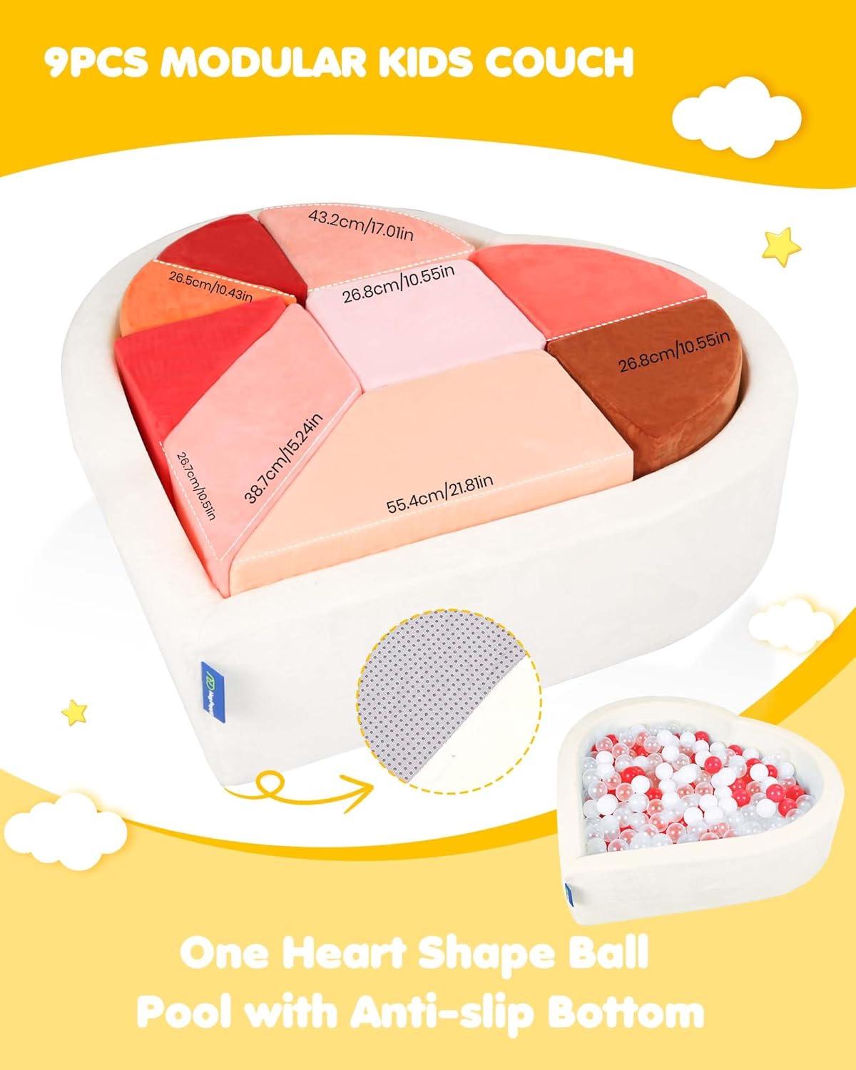 Kids Play Couch, 2-in-1 Heart-Shape Kids Plays Sofa with Unique Ball Pit(no Balls Included), Tangram Puzzle Play Couch for Playroom, Modular Play Sofa for Inspiring Creativity, Glow