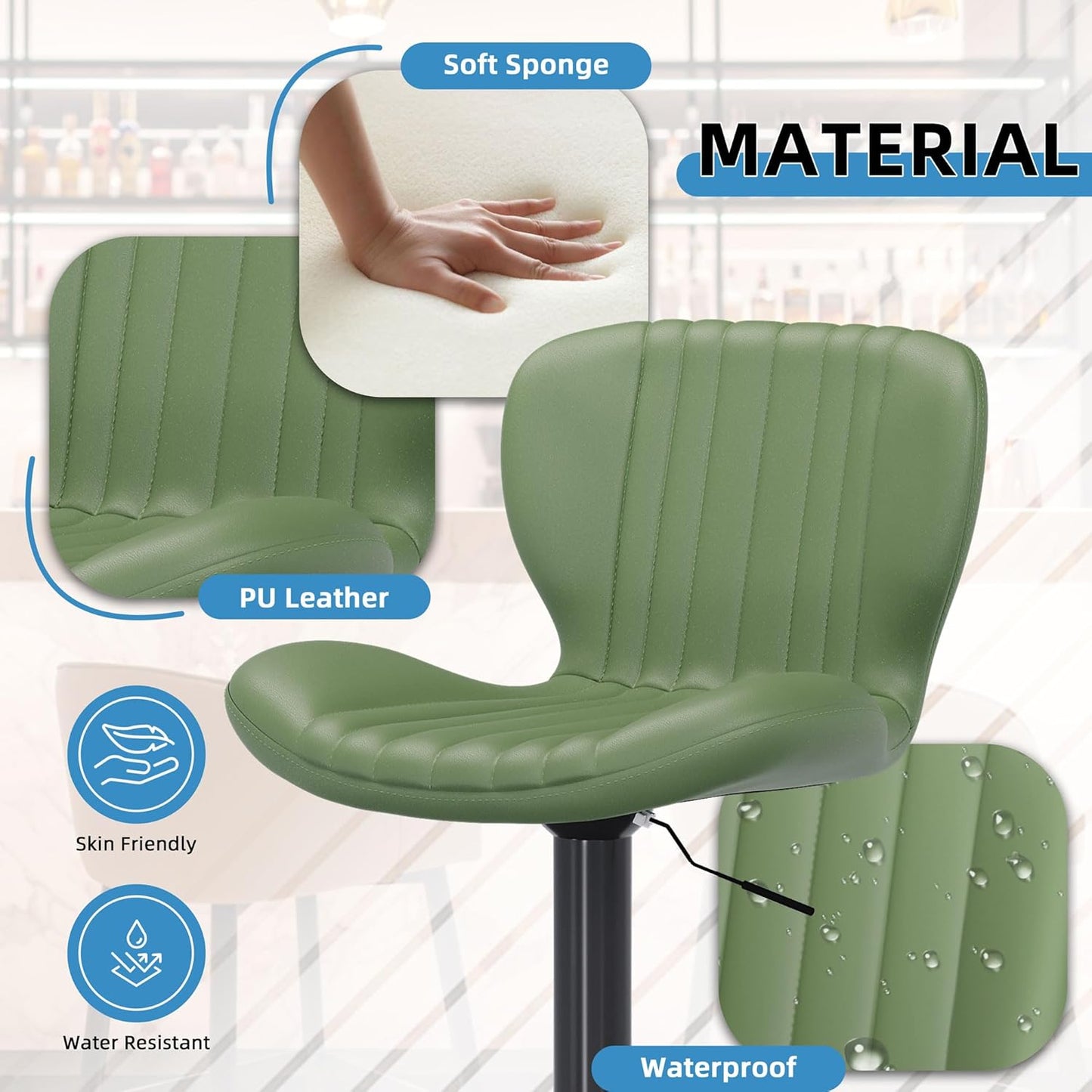 Shintenchi Bar Stools Set of 2 Modern Swivel Bar Chairs, Counter Height Faux Leather Metal Barstools, Upholstered Island Chairs with Back and Footrest, Green