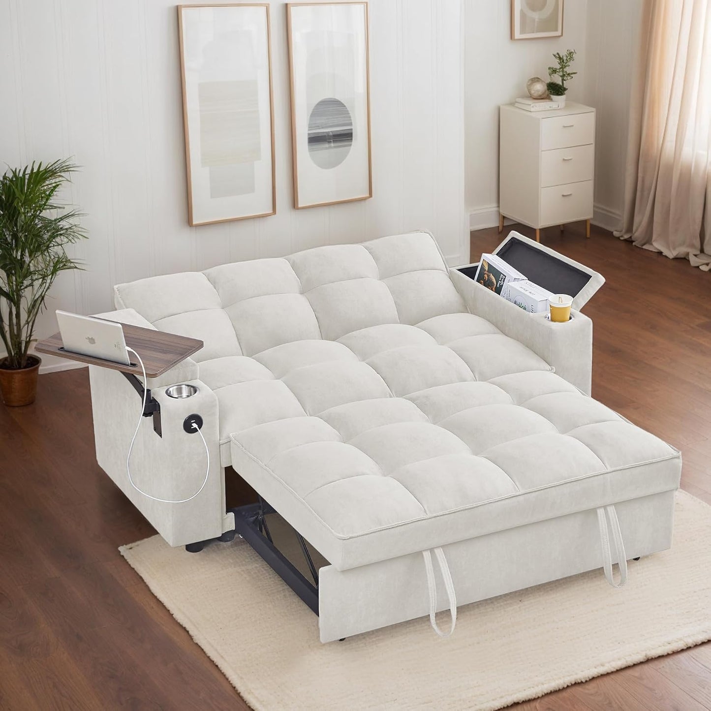 65-inch Multifunctional Loveseat Pull Out Sleeper Sofabed W/Cupholders, Oversized 3-in-1 Convertible Love Seat with Pull-Out Sleeper Couch Bed, Storage, USB Ports, Side Table for Living Room Bedroom